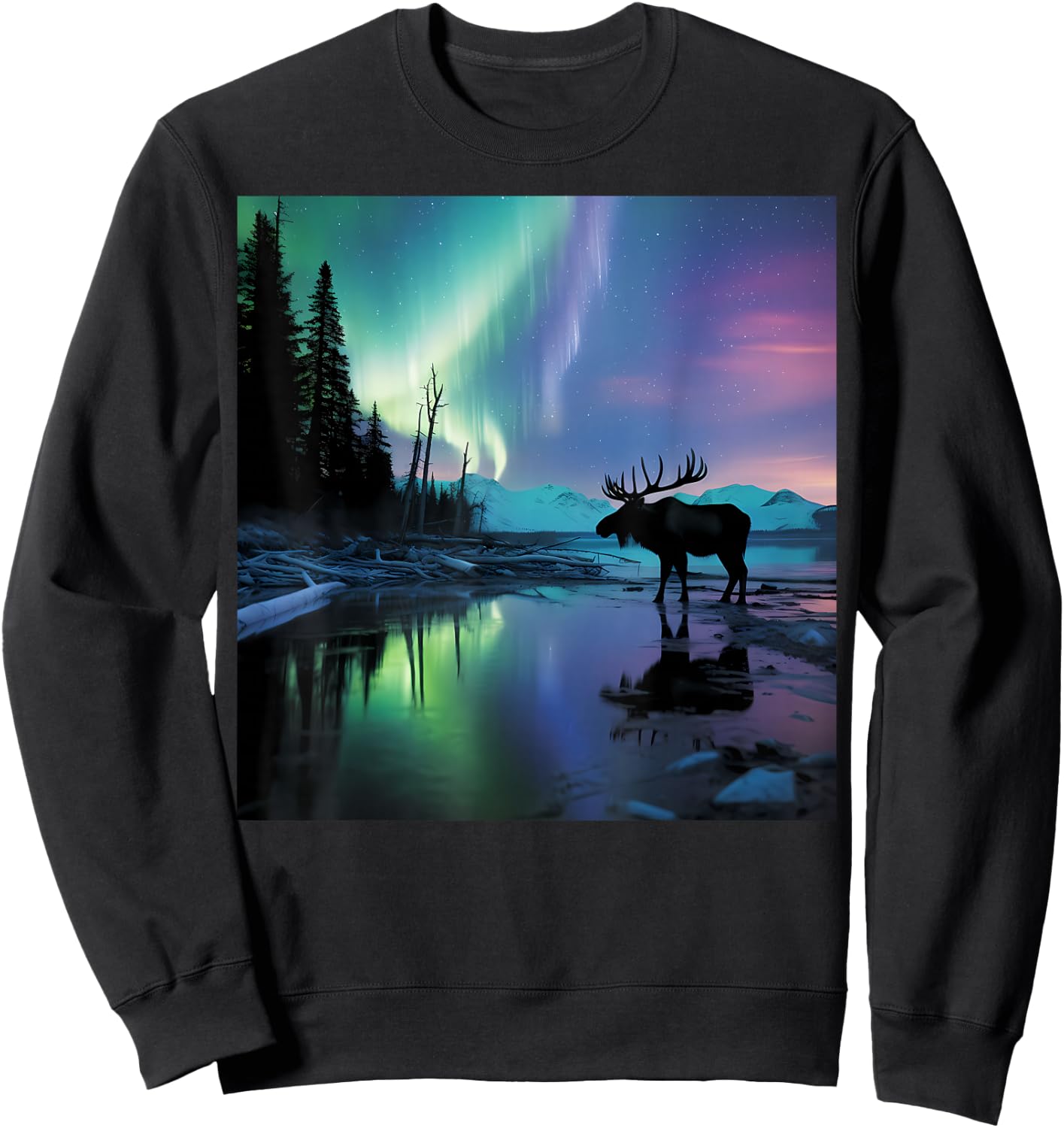 Alaska Aurora Borealis Moose Aesthetic Core Photo Souvenir Sweatshirt - Sweatshirt | Black