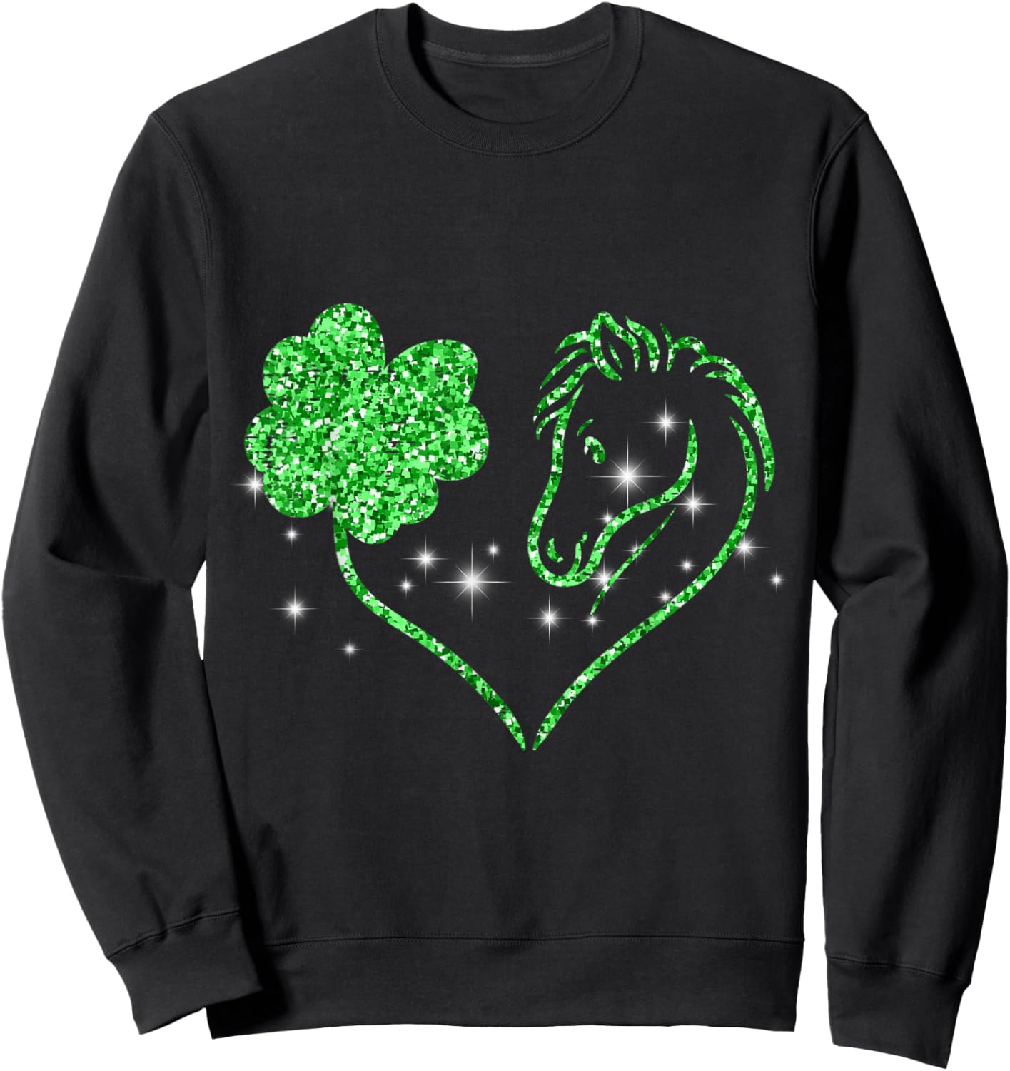 Shamrock Heart Horse Clover St Patricks Day Women Girls Sweatshirt - Sweatshirt | Black