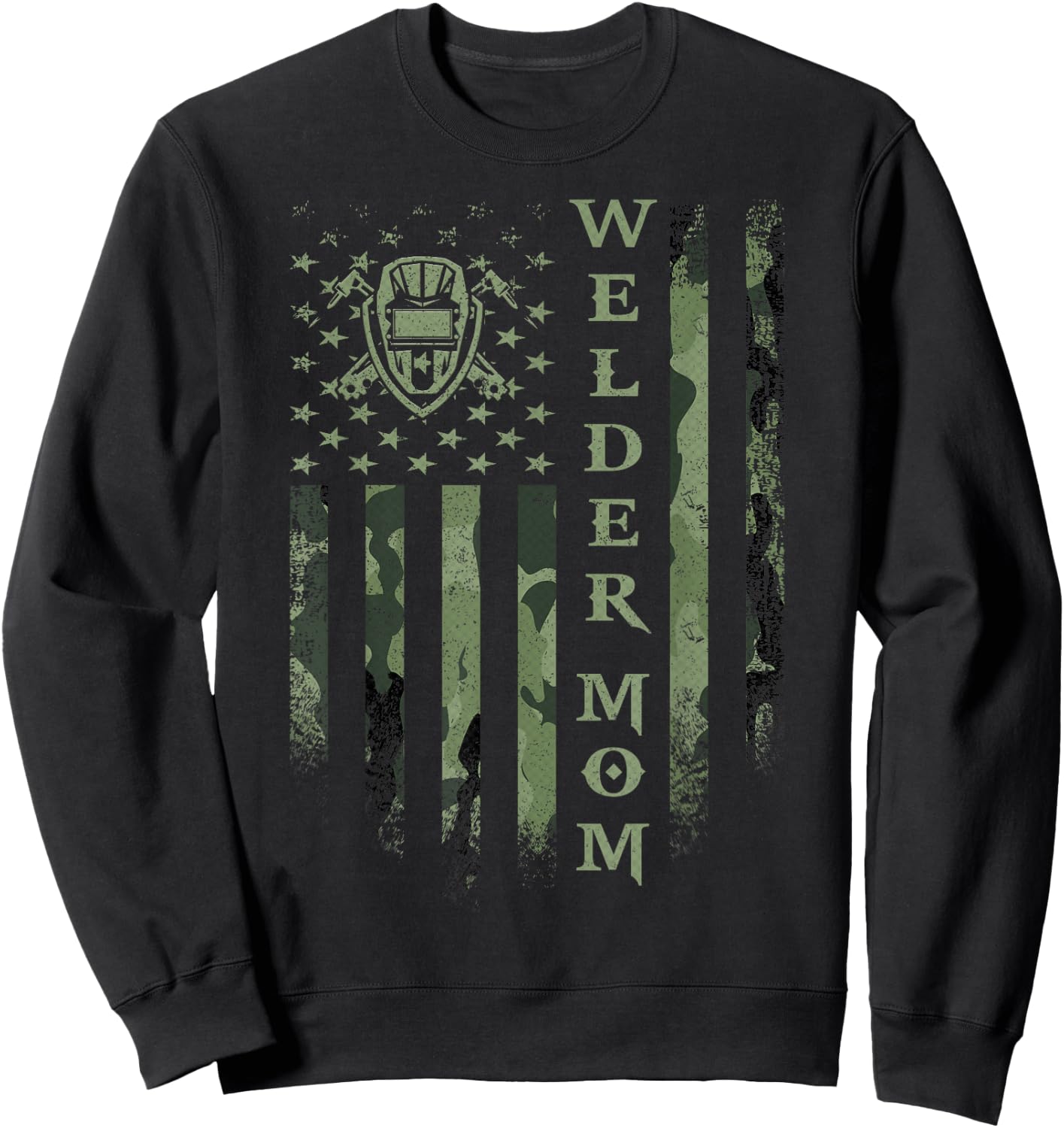 Vintage USA Camo Flag Proud Welder Mom Welding Silhouette Sweatshirt - Sweatshirt | Black