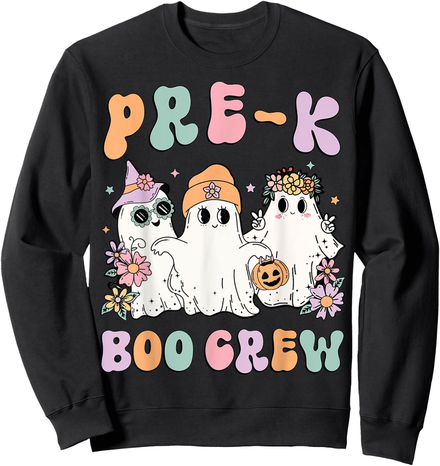 Pre-K Boo Crew Groovy Halloween Floral Ghost Pre K Teacher Men Women Kids Sweatshirt - Sweatshirt | Black