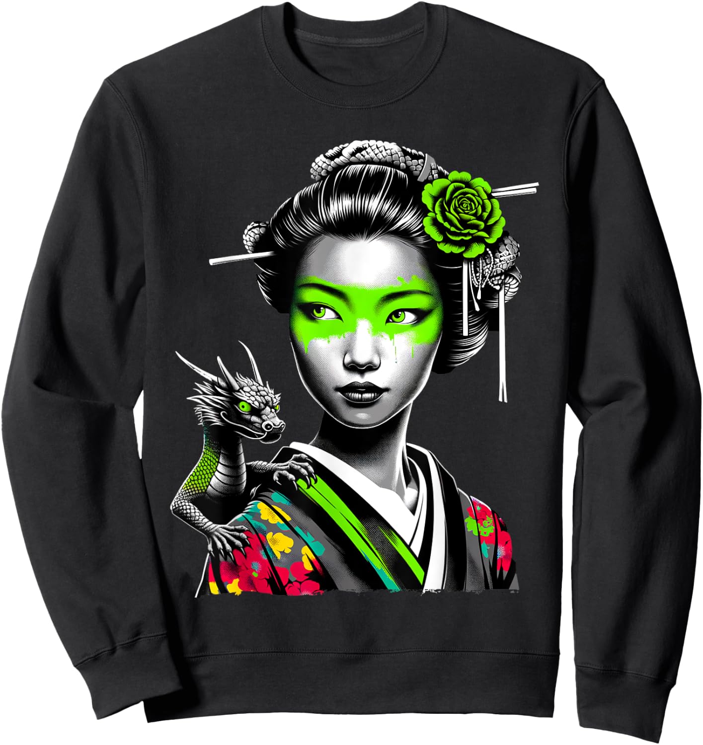 Japanese Girl and Dragon Animal Urban Art Aesthetic Graphic Sweatshirt - Sweatshirt | Black
