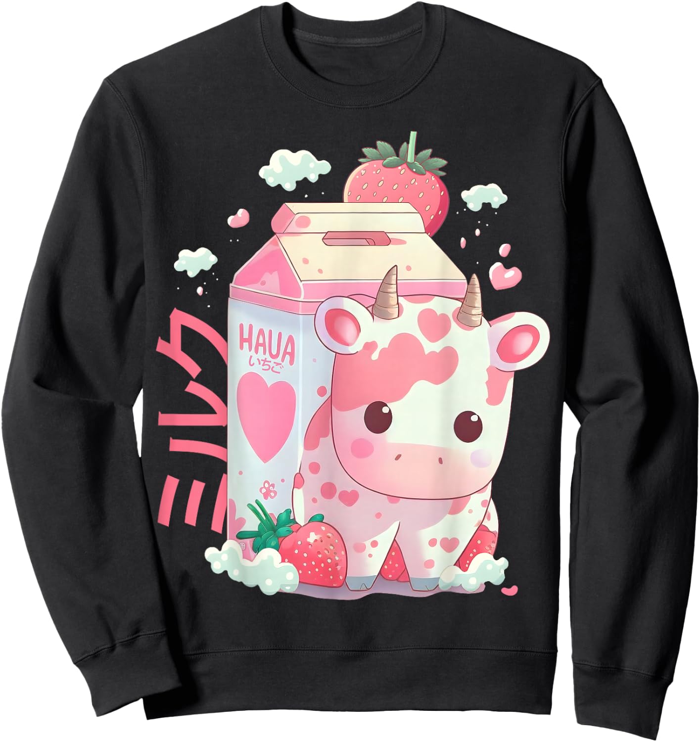 Strawberry Milk Milkshake Cow Carton Cute Kawaii Japanese Sweatshirt - Sweatshirt | Black