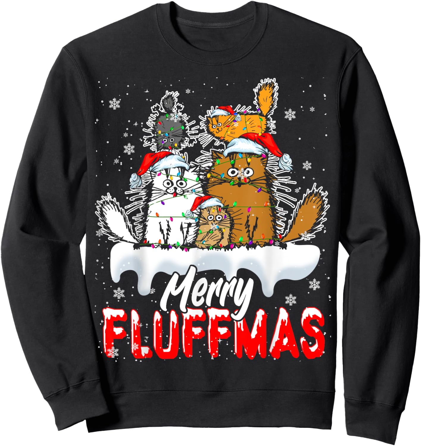 Merry Fluffmas Funny Christmas Lights Santa Cat Kitten Lover Sweatshirt - Sweatshirt | Black