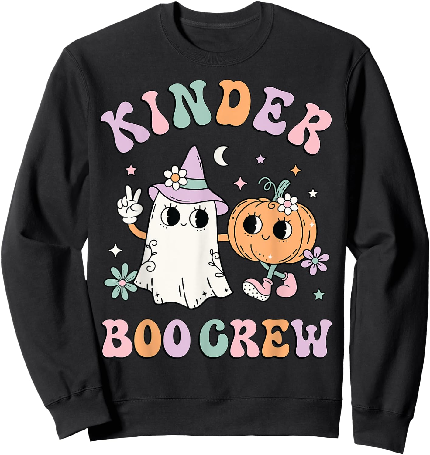 Kinder Boo Crew Halloween Floral Ghost Kindergarten Teacher Men Women Kids Sweatshirt - Sweatshirt | Black