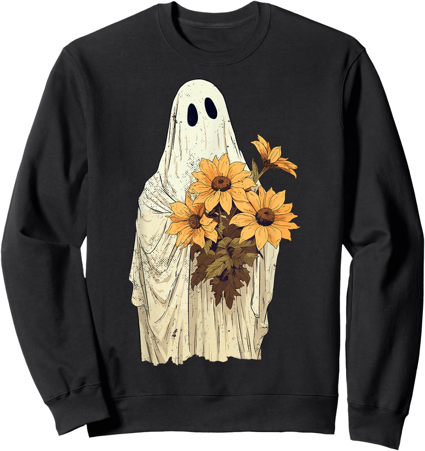 Vintage Floral Ghost Sunflowers Spooky Halloween Graphic Sweatshirt - Sweatshirt | Black