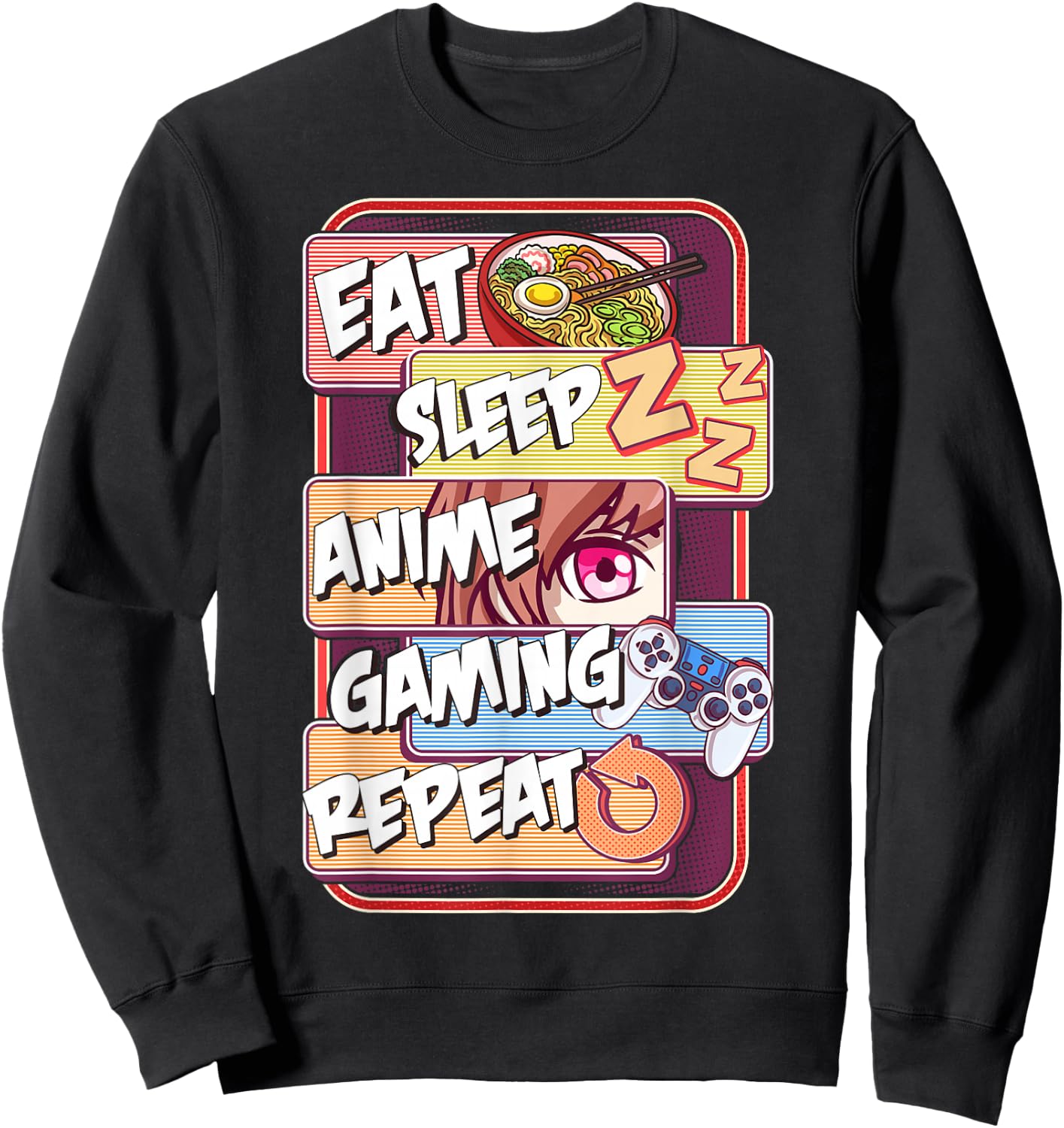 Kawaii Eat Sleep Anime Gaming Repeat Sweatshirt - Sweatshirt | Black