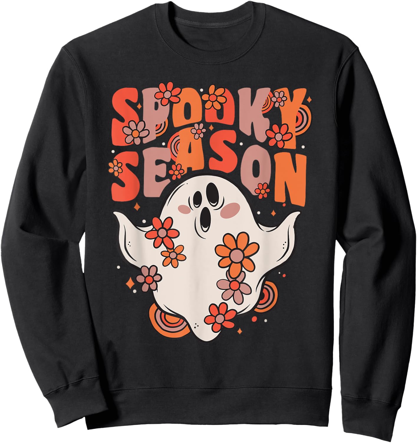 Spooky Season Groovy Ghost With Vintage Flowers Halloween Sweatshirt - Sweatshirt | Black