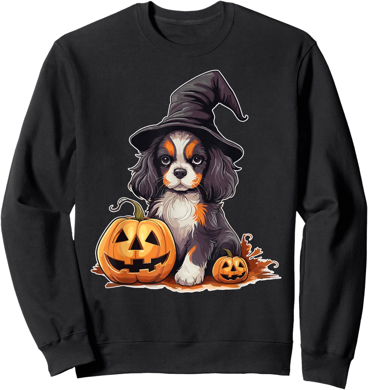 Halloween Witch Hat Pumpkin Dog Cavalier King Charles Women Kids Sweatshirt - Sweatshirt | Black