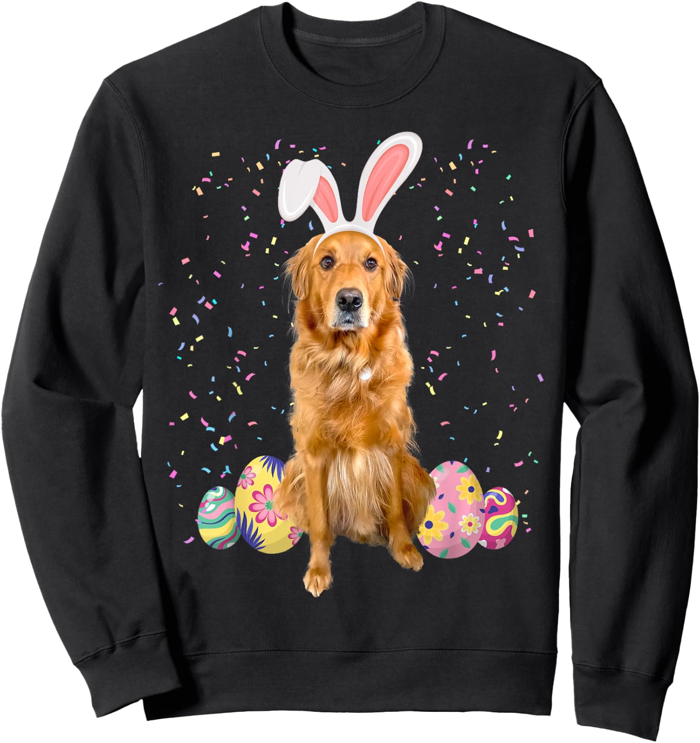 Cute Easter Golden Retriever With Easter Bunny Ears & Eggs Sweatshirt - Sweatshirt | Black