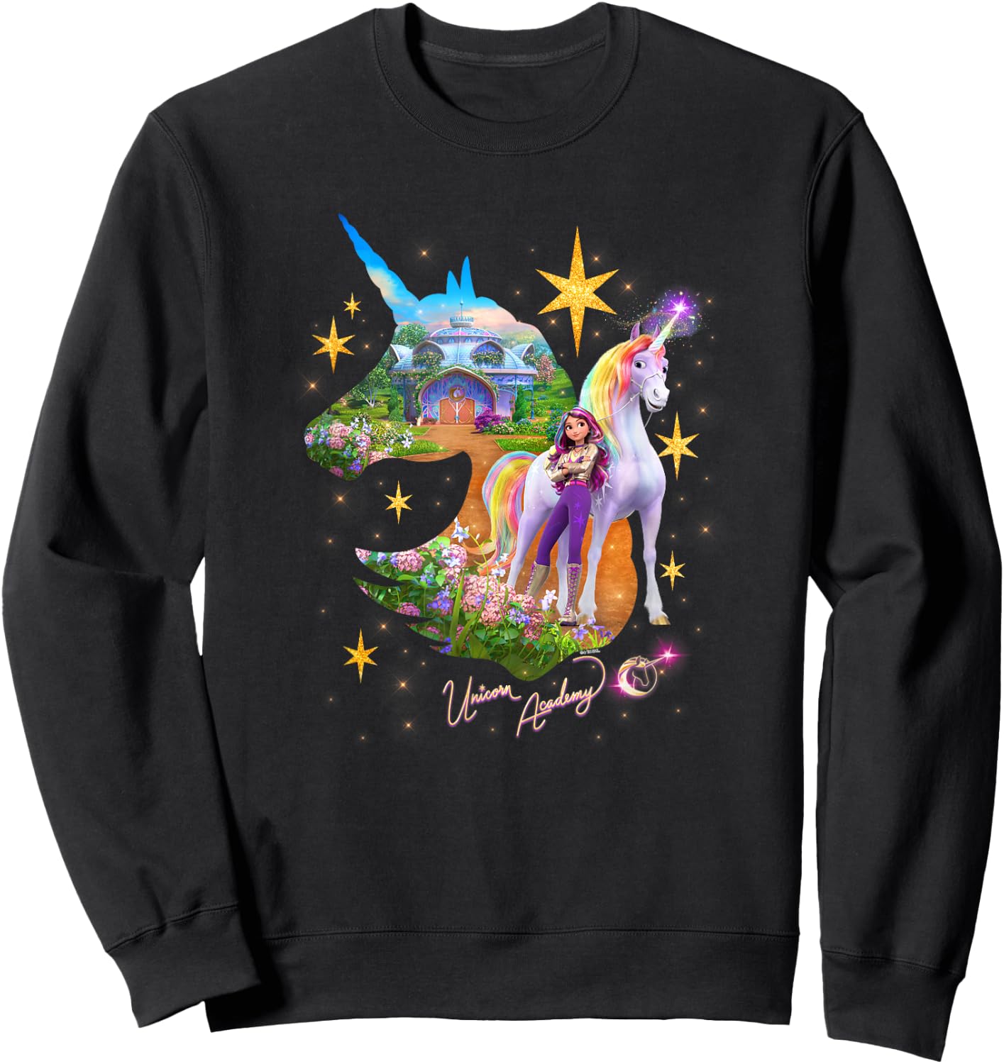 Unicorn Academy Silhouette Sparkle Graphic Logo Sweatshirt - Sweatshirt | Black