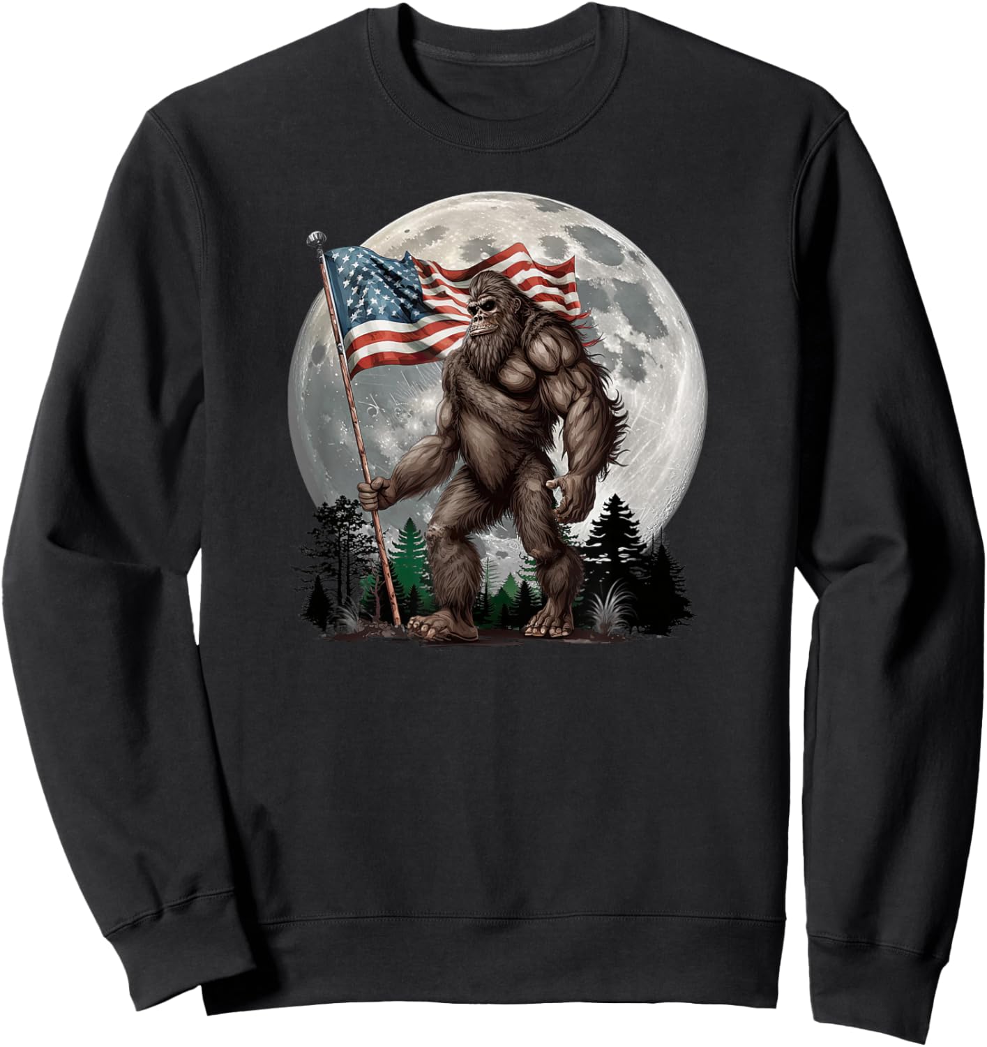 Bigfoot Sasquatch - American Flag Full Moon Patriotic Sweatshirt - Sweatshirt | Black