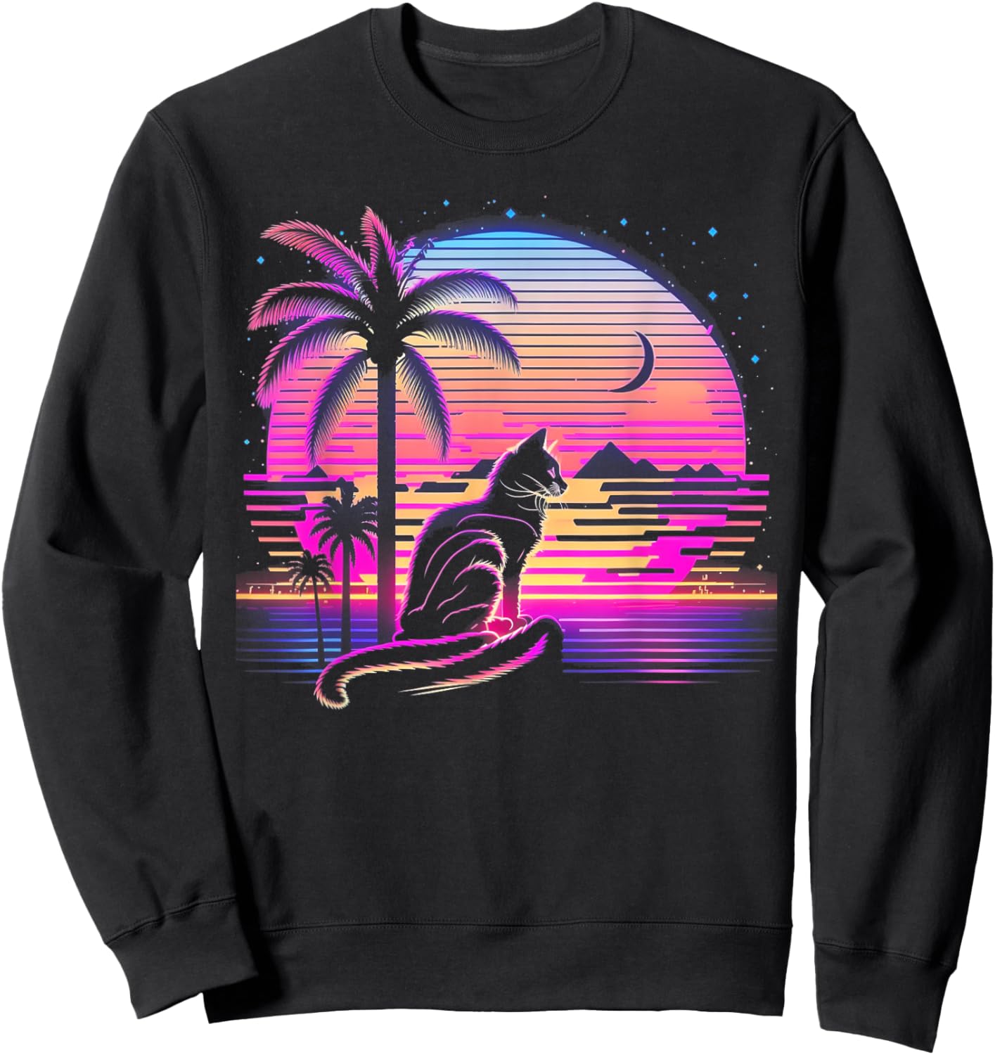 Cat Vaporwave Retrowave Aesthetic Synthwave 80s Palm Tree Men Women Kids Sweatshirt - Sweatshirt | Black