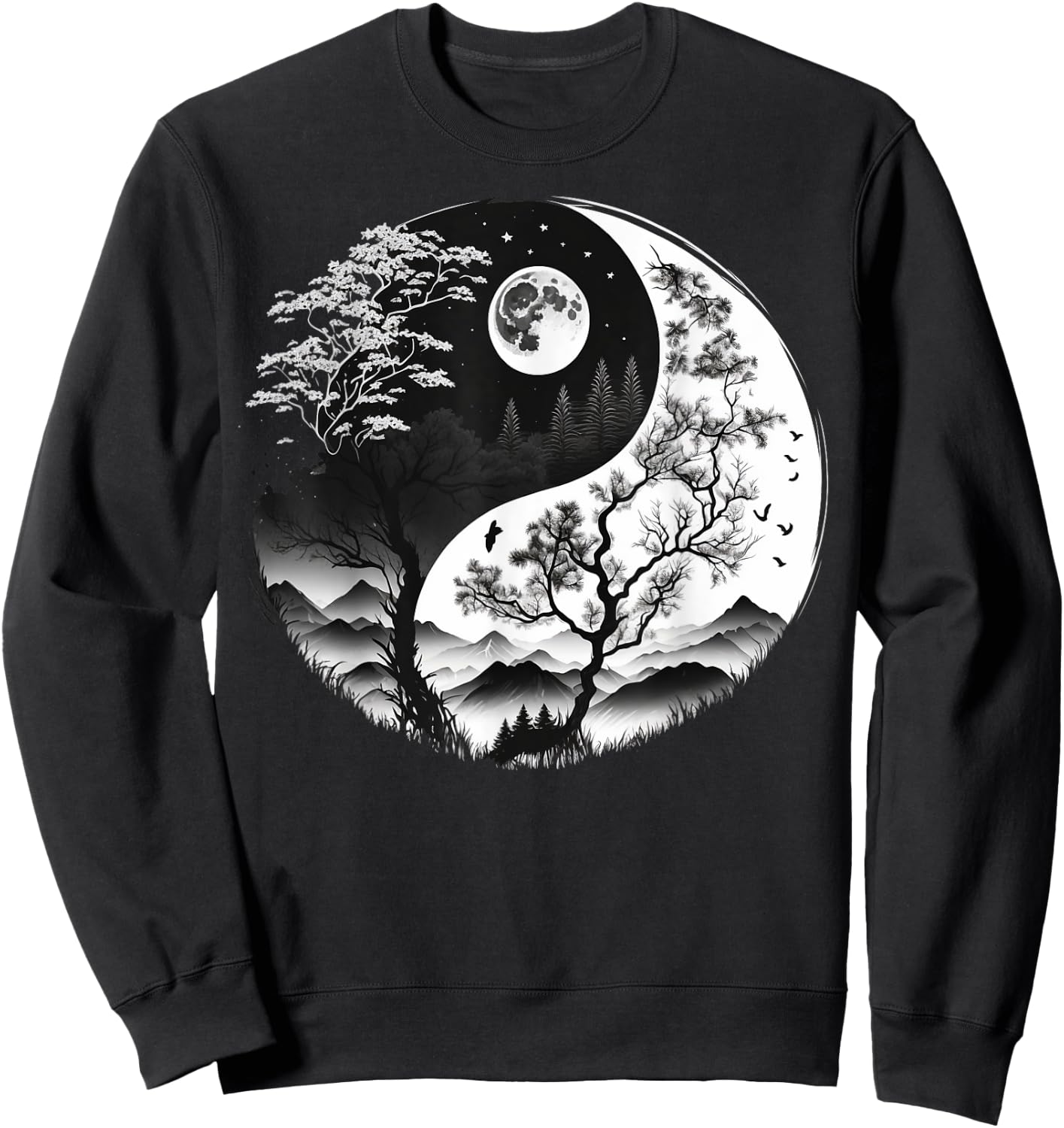 Black and White Yin Yang Symbol on Nature Taijitu Yin Yang Sweatshirt - Sweatshirt | Black