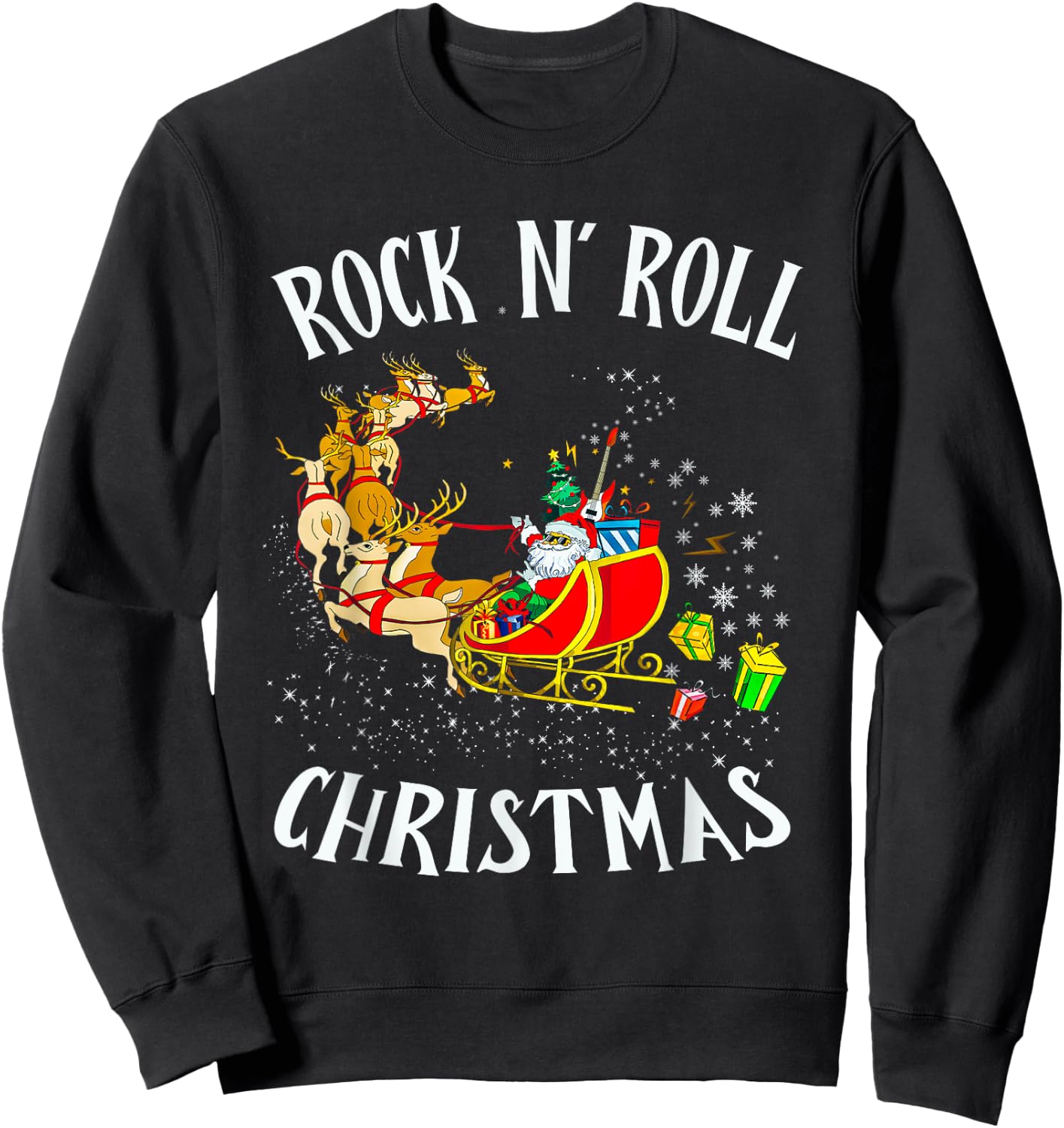 Rock N Roll Christmas Santa Sleigh Reindeer Xmas Sweatshirt - Sweatshirt | Black
