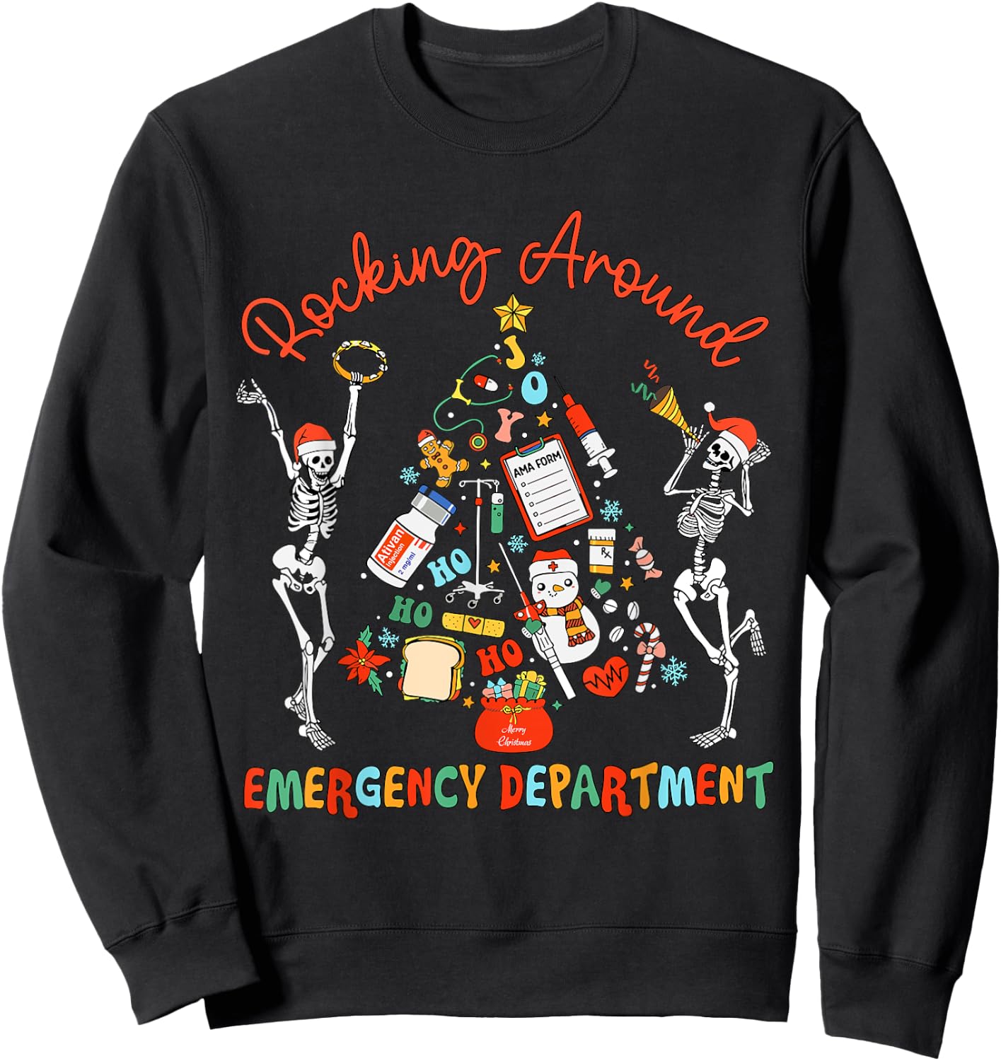 Emergency Department Nurse Rocking Around Skeleton Christmas Sweatshirt - Sweatshirt | Black