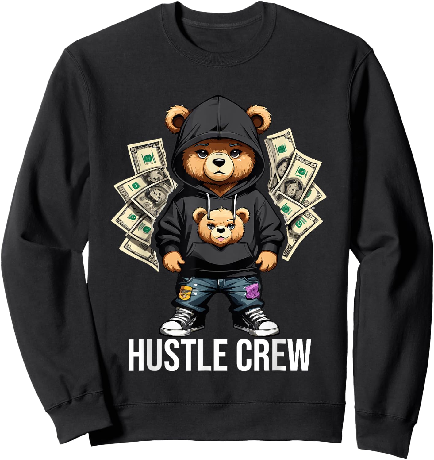 Money Hustle Crew Teddy Bear Gangster Dollar Hustler Sweatshirt - Sweatshirt | Black