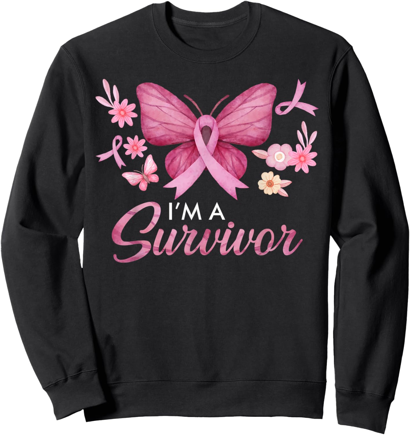 Faith Love Hope Survivor Pink Ribbon Breast Cancer Awareness Sweatshirt - Sweatshirt | Black