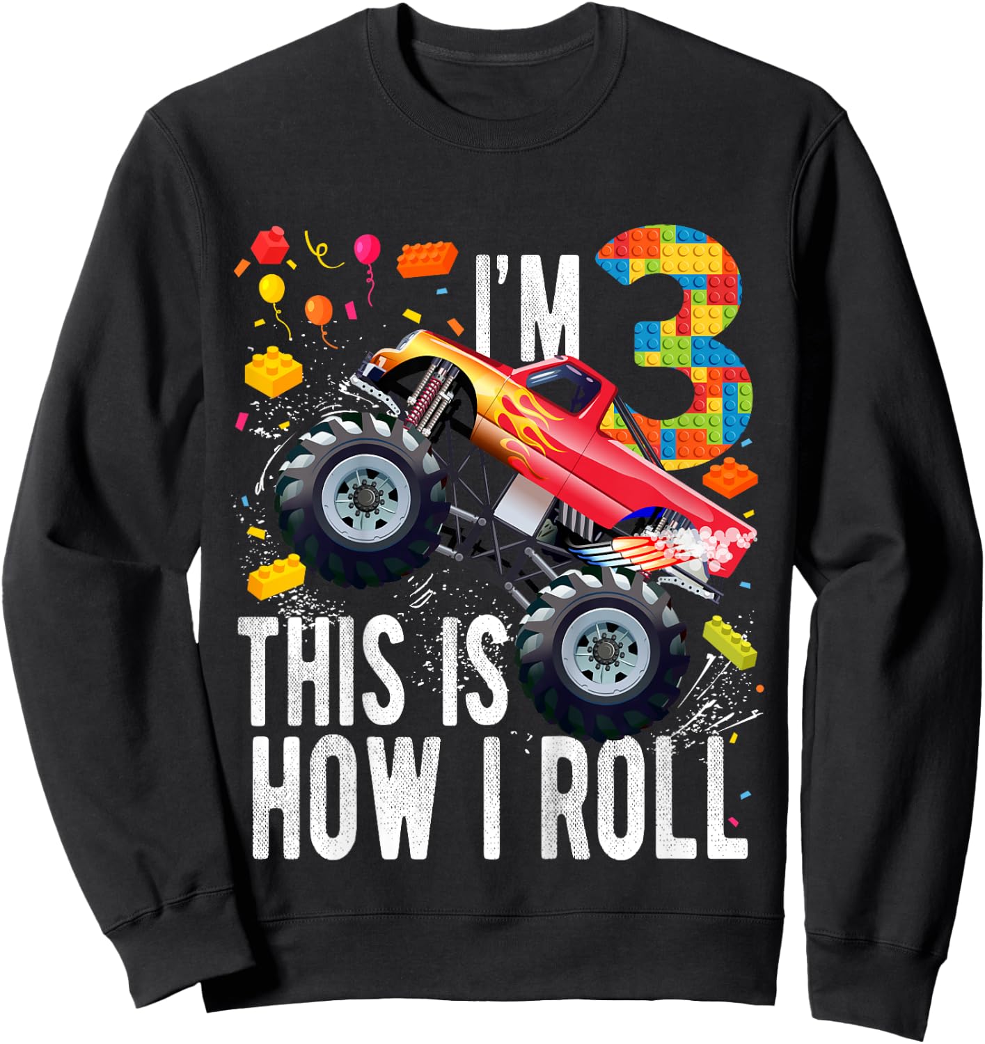 Kids 3 Year Old Building Blocks Monster Truck 3rd Birthday Boy Sweatshirt - Sweatshirt | Black