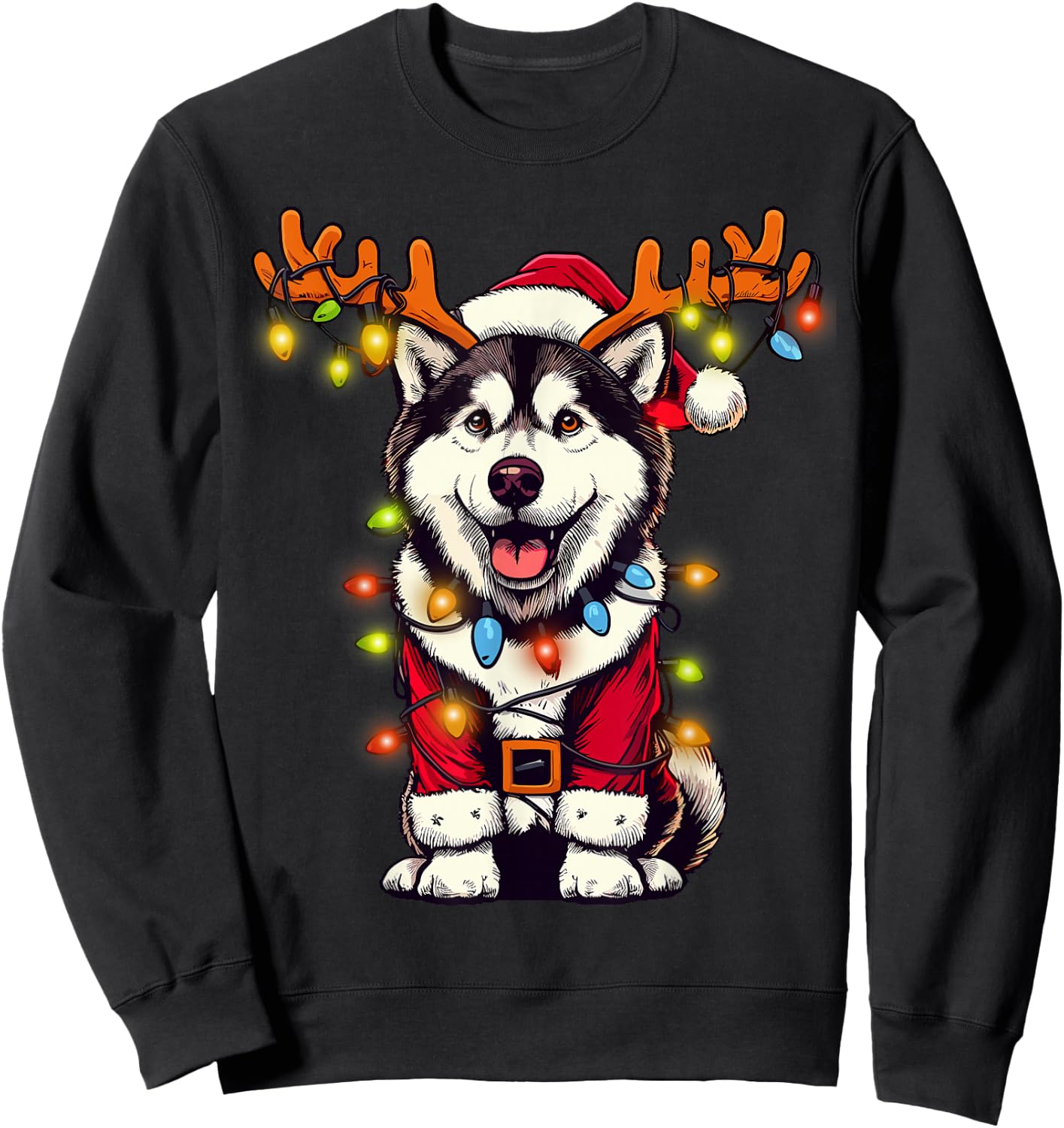 Funny Siberian Husky Christmas Tree Lights, Santa Dog Sweatshirt - Sweatshirt | Black