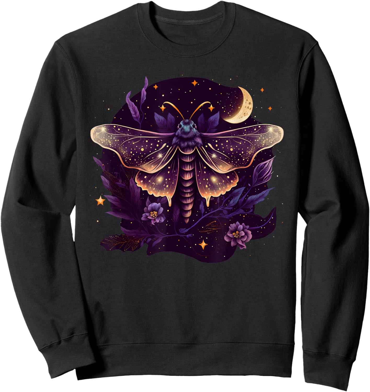 Moth with moon, butterfly, flowers, stars, night, vintage Sweatshirt - Sweatshirt | Black