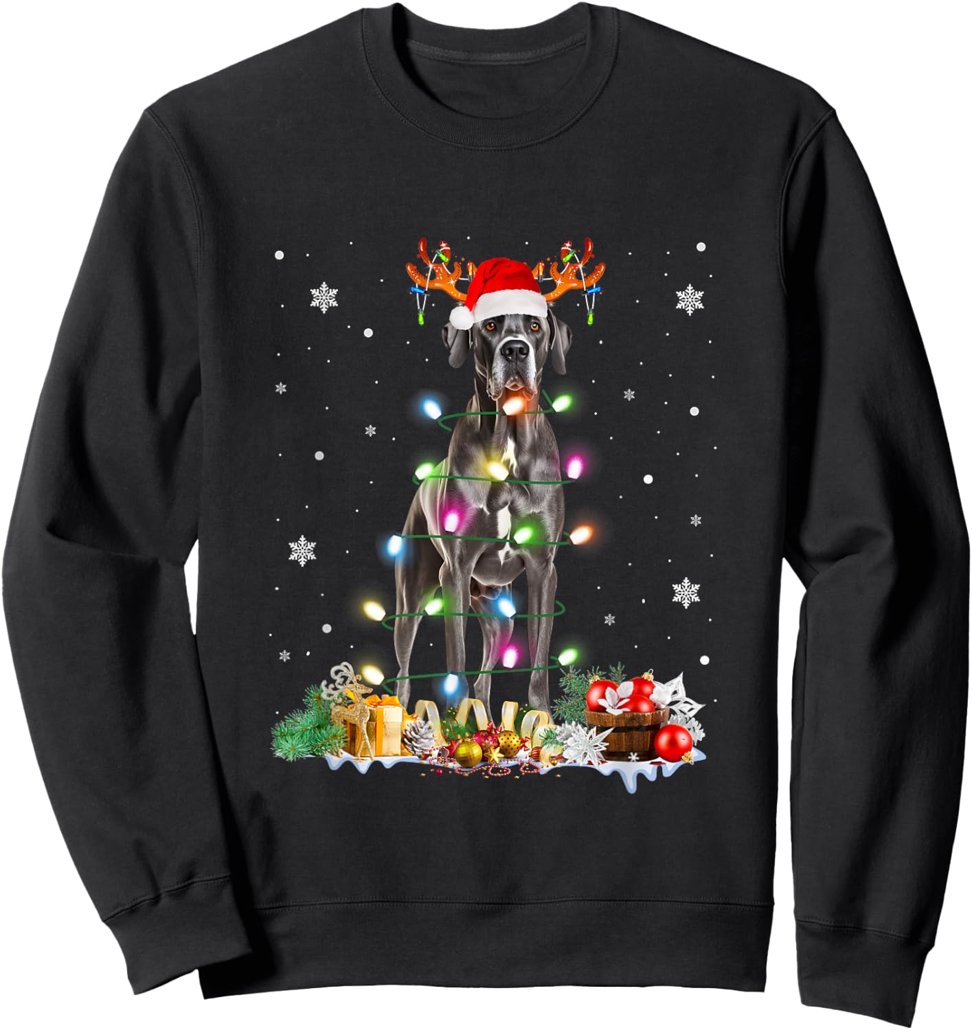Great Dane Christmas Santa Hat Fairy Lights Pajama Dog Lover Men Women Kids Sweatshirt - Sweatshirt | Black