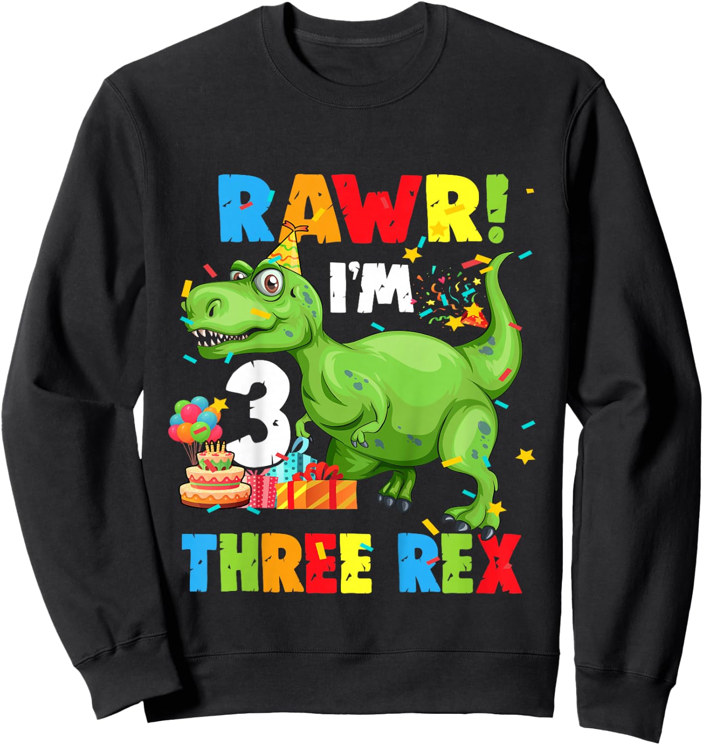 Kids Three Rex Birthday Party Outfit Dinosaur 3 Year Old Boy Sweatshirt - Sweatshirt | Black