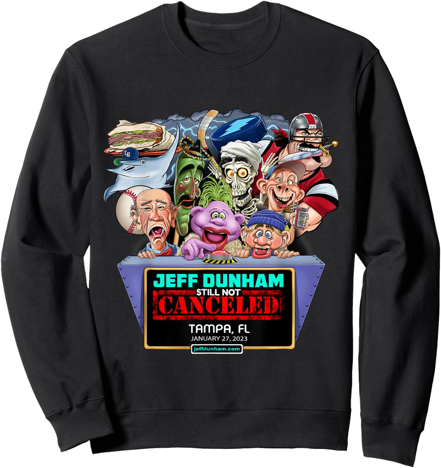Jeff Dunham Black Cartoon , -Adults/Kids, Small, Short Sleeve, Classic Fit, Modern Style, Limited Edition Design, Jeff Dunham Tampa, FL (2023) Sweatshirt - Sweatshirt | Black