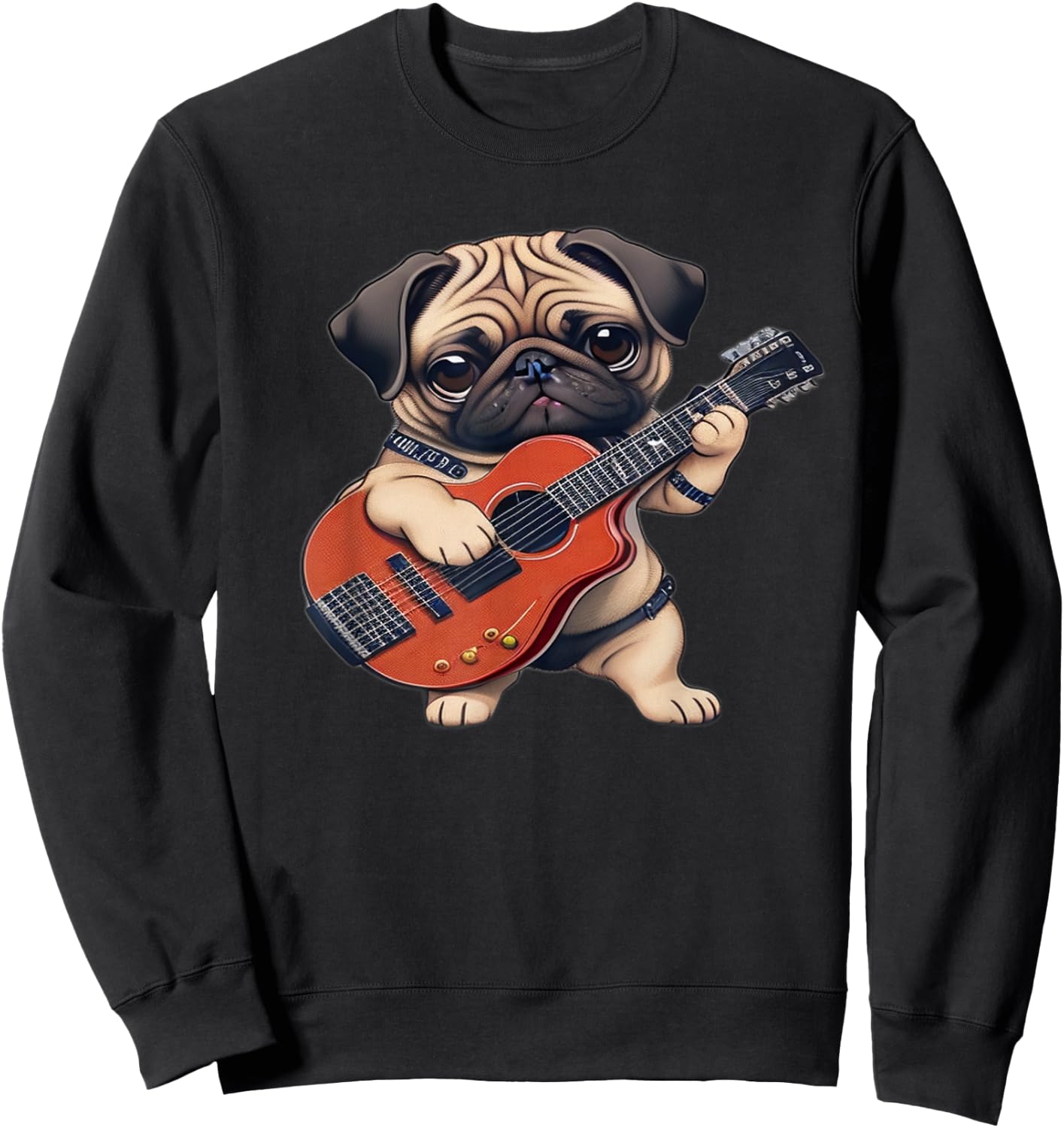 Pug Playing Guitar Cute Pug Electric Bass Guitar Player Sweatshirt - Sweatshirt | Black