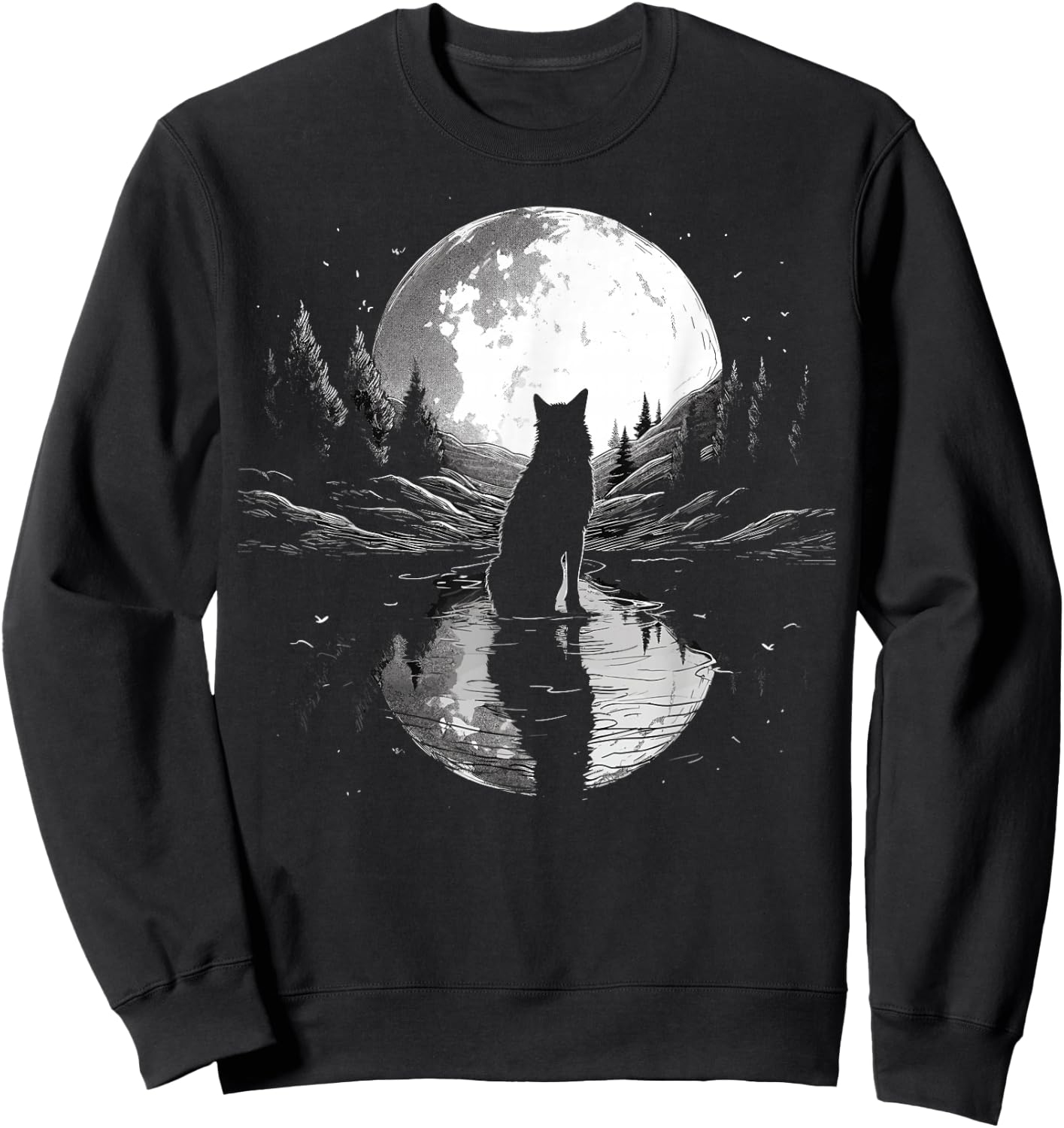 wolf looking moon on River for lover wolves wildlife animal Sweatshirt - Sweatshirt | Black