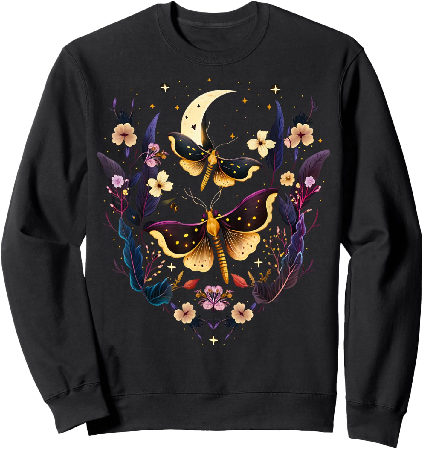 Moths with moon, flowers, butterfly, Wicca, goth, night Sweatshirt - Sweatshirt | Black