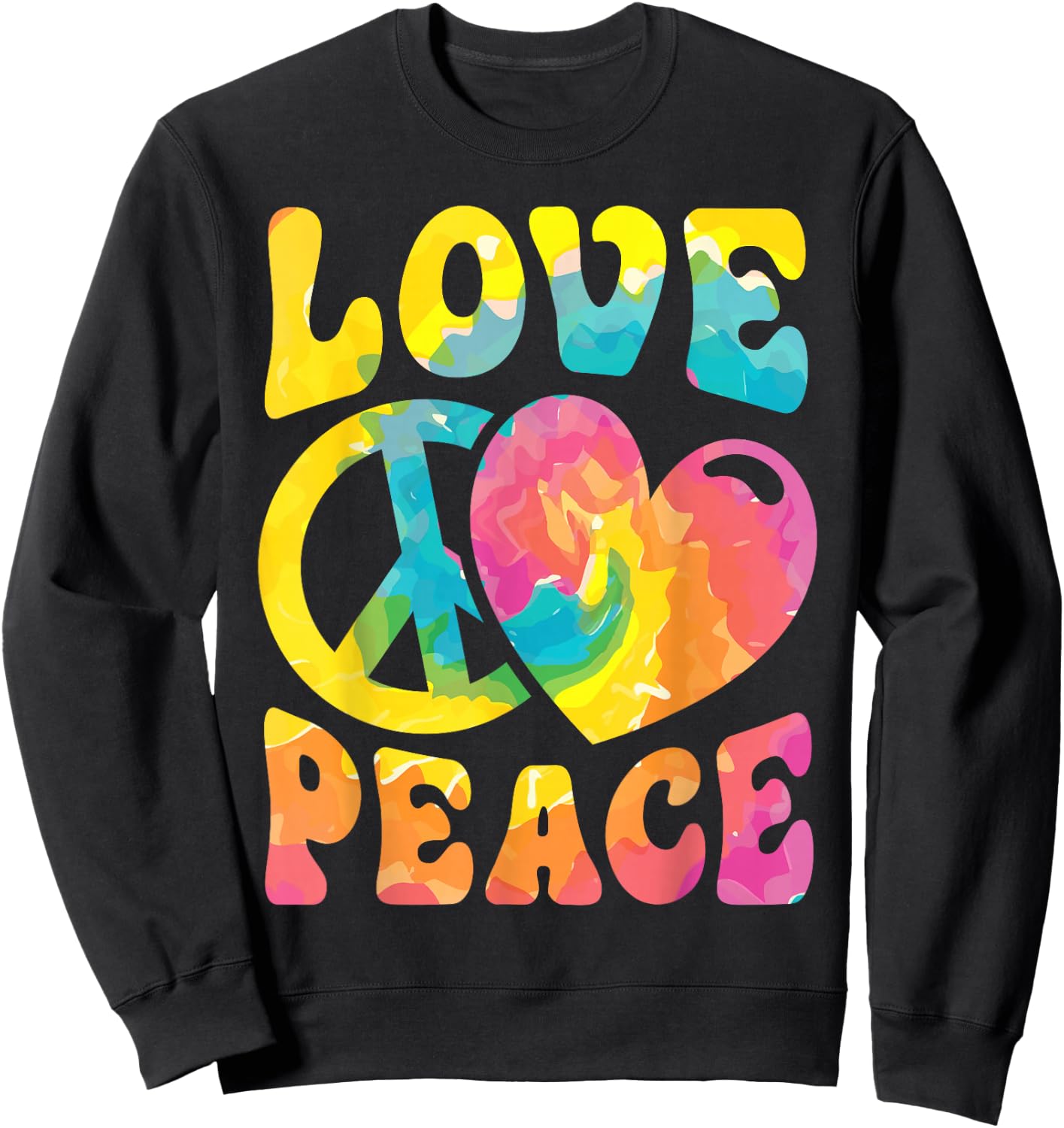 Hippie Women Men Love Peace Sign Heart Tie Dye Retro Groovy Sweatshirt - Sweatshirt | Black