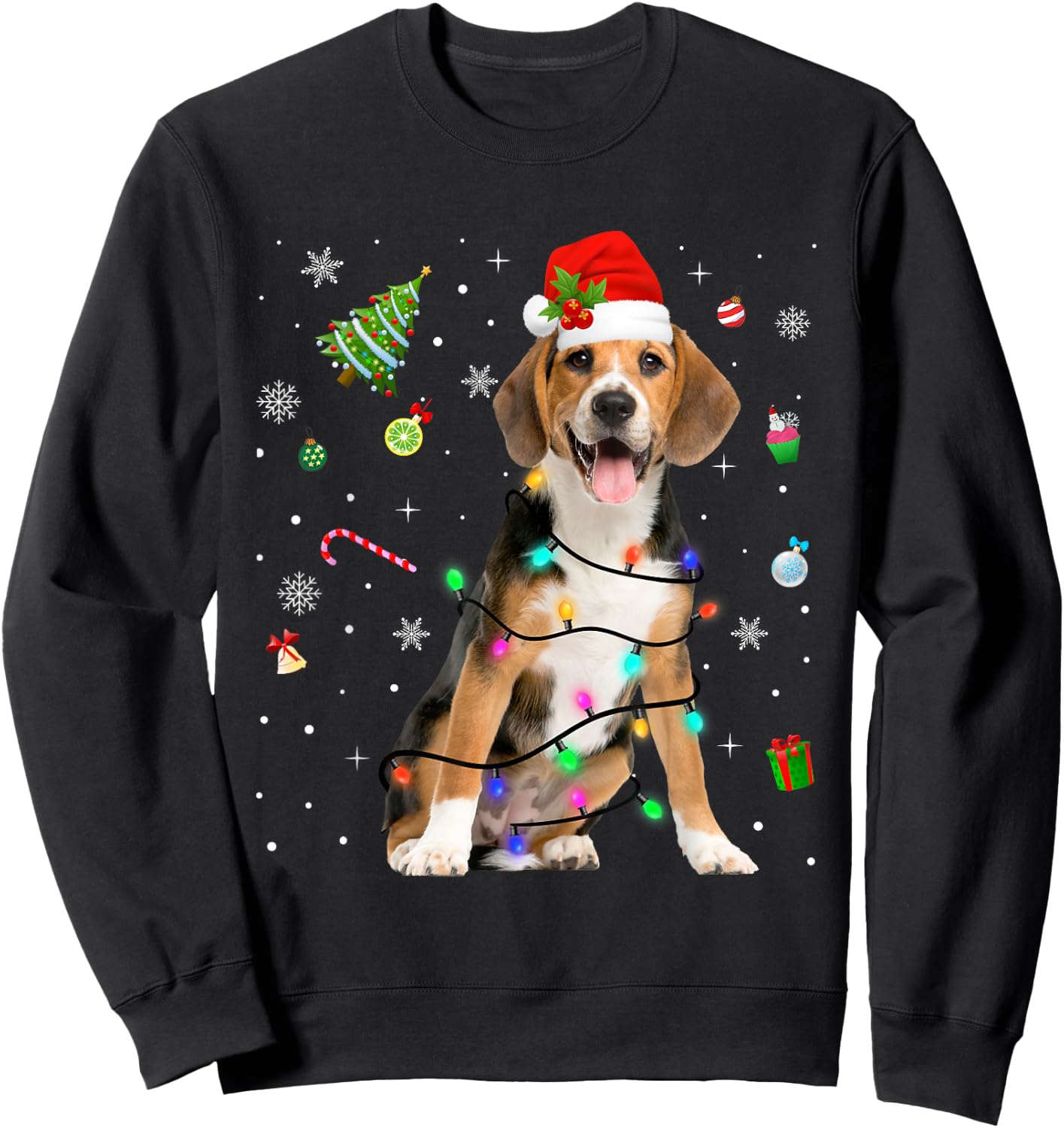 Beagle Dog Christmas Lights Santa Hat Dog Dad Mom Women Kids Sweatshirt - Sweatshirt | Black
