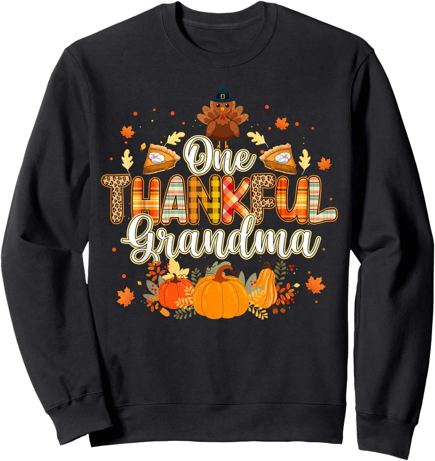 One Thankful Grandma Fall Leaves Autumn Grandma Thanksgiving Sweatshirt - Sweatshirt | Black