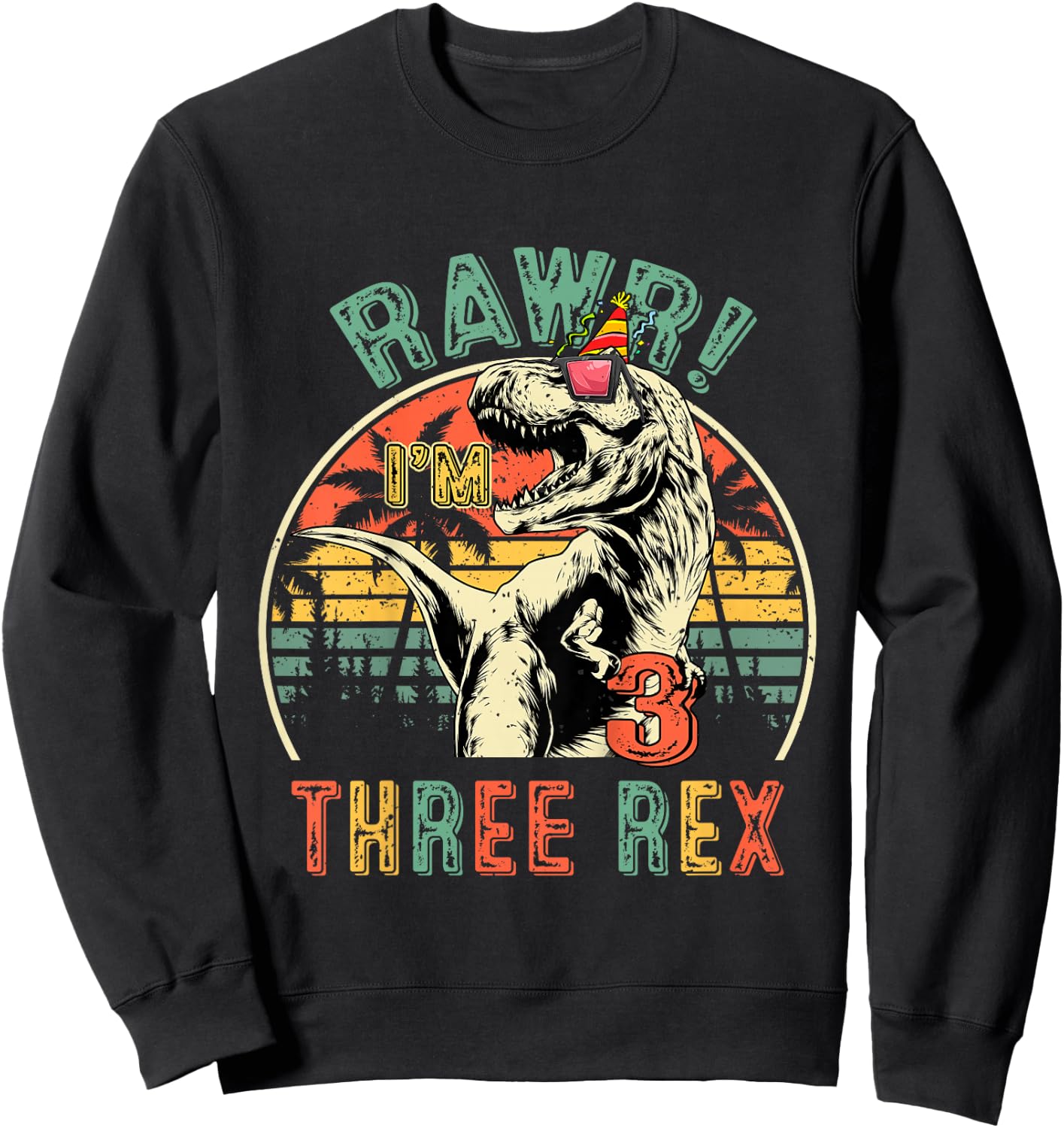 Kids Three Rex Birthday Party Outfit Dinosaur 3 Year Old Boy Sweatshirt - Sweatshirt | Black