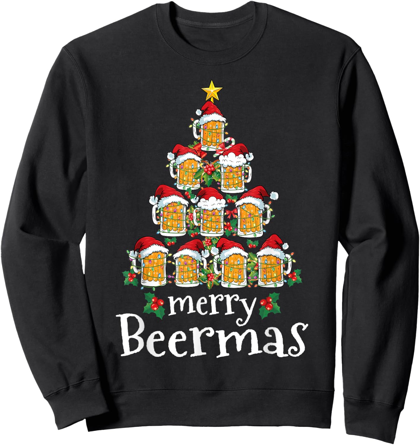 Funny Christmas Shirt Women Men Merry Beermas Beer Mug Tree Sweatshirt - Sweatshirt | Black