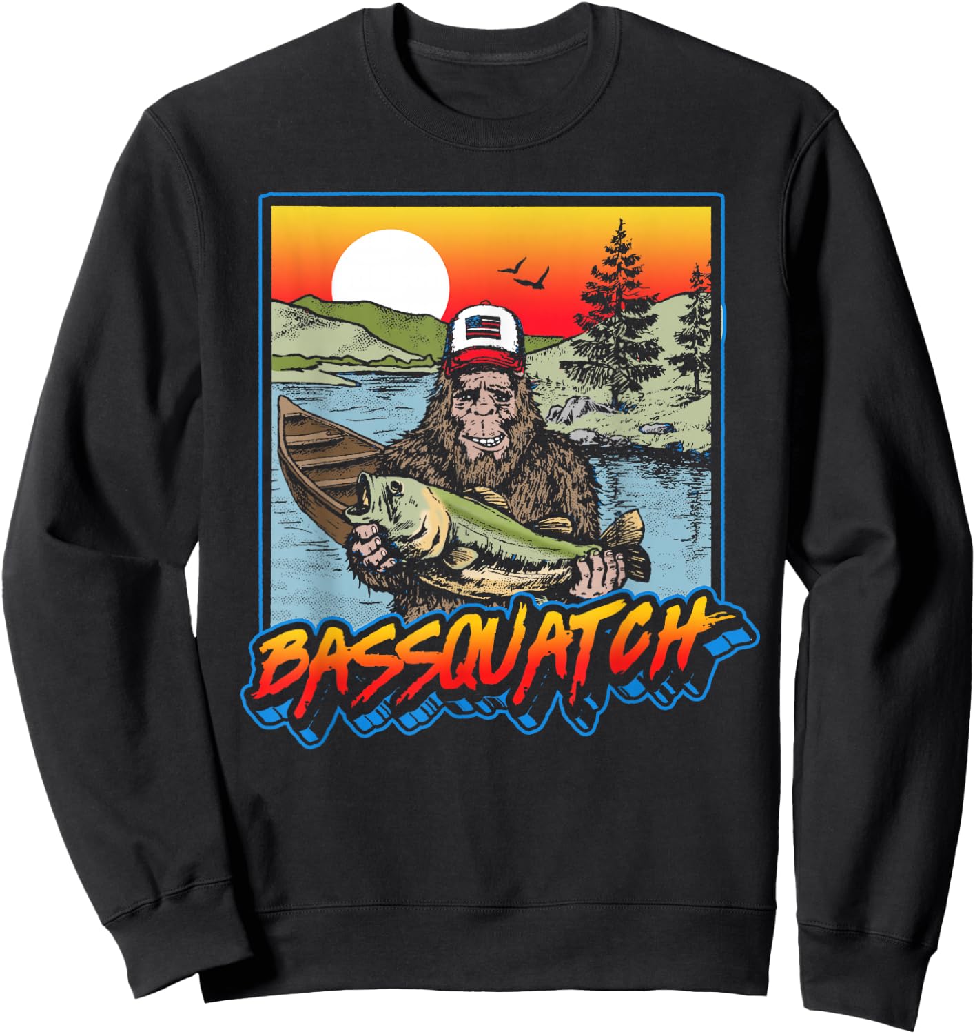Bassquatch! Funny Bass Fishing Sasquatch Retro 80s Sweatshirt - Sweatshirt | Black