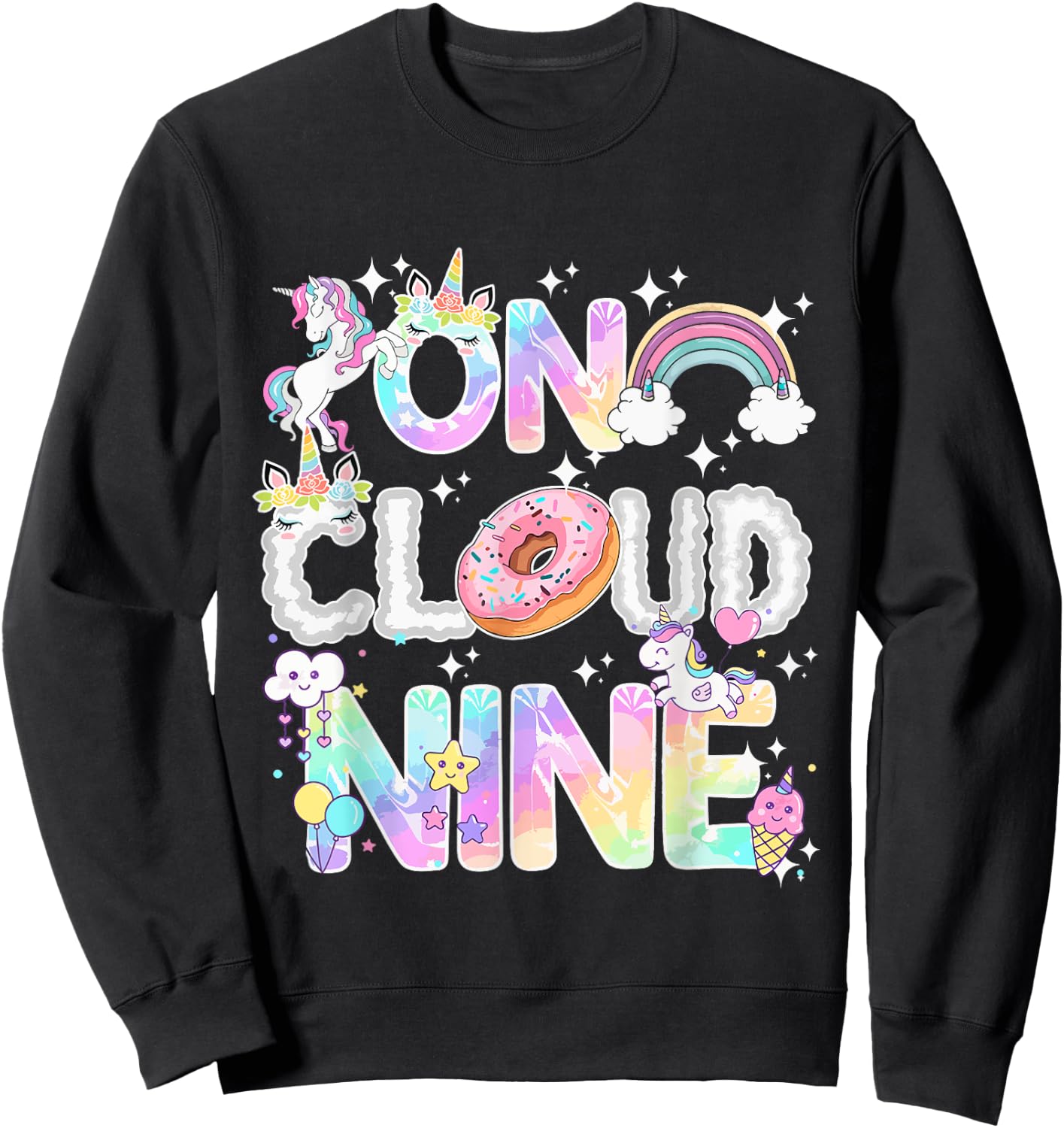 On Cloud Nine Unicorn Donut Birthday Shirt, 9th Birthday Sweatshirt - Sweatshirt | Black