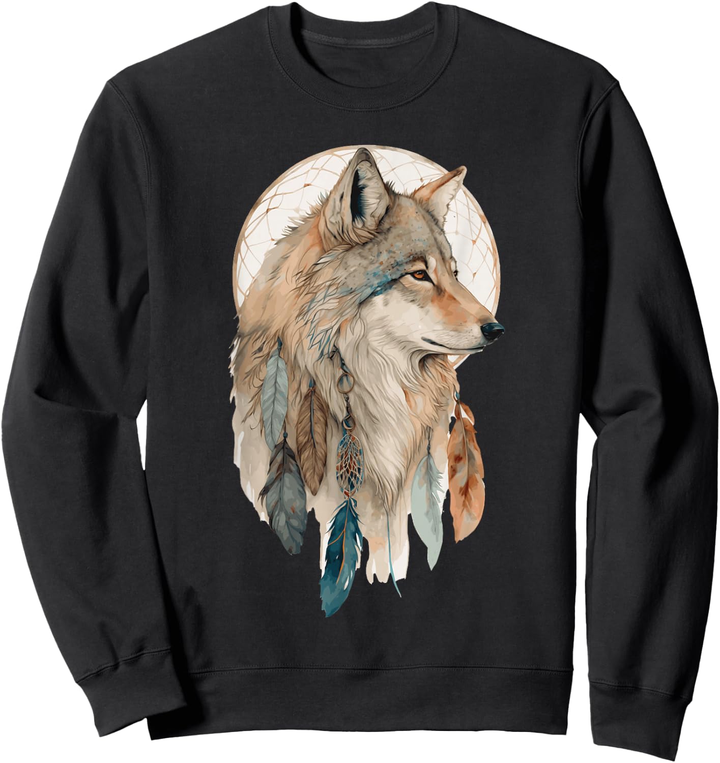 Wolf Tribal Watercolor Wolf Dream Catcher Sweatshirt - Sweatshirt | Black