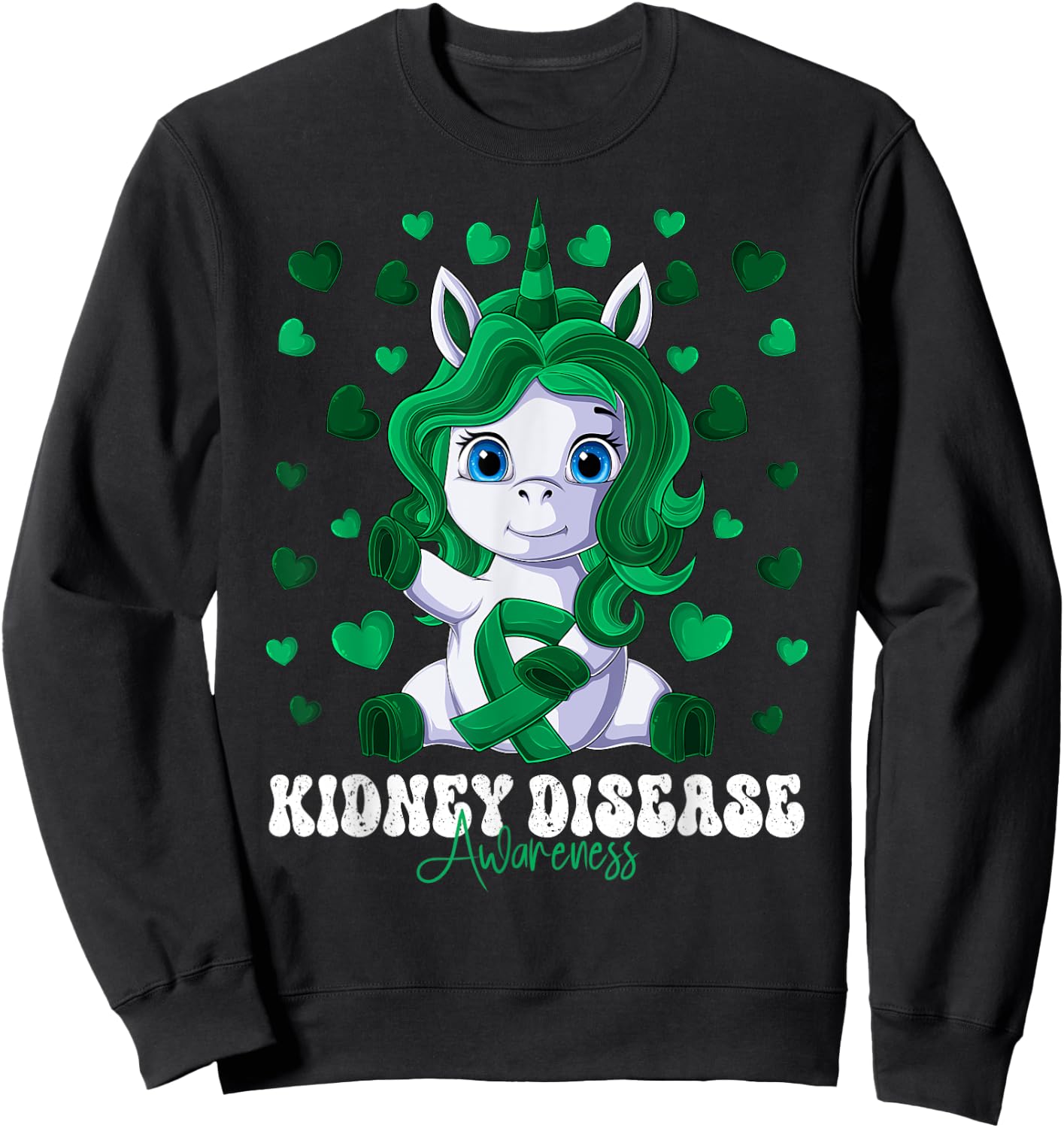 Kidney Disease Awareness Month Green Ribbon Unicorn Sweatshirt - Sweatshirt | Black