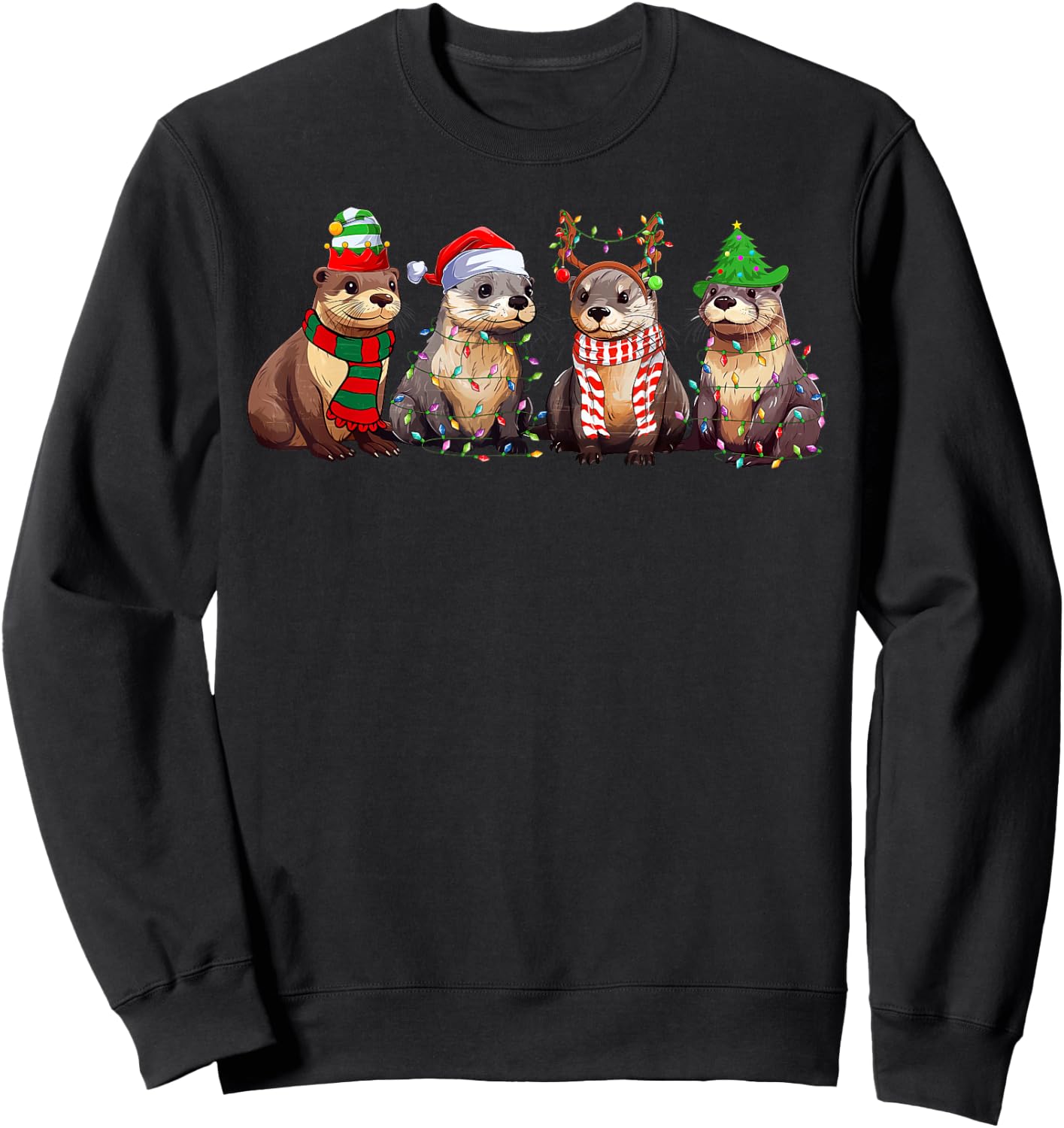 Cute Otter Christmas Pajama Funny Xmas Lights Animals Lover Sweatshirt - Sweatshirt | Black