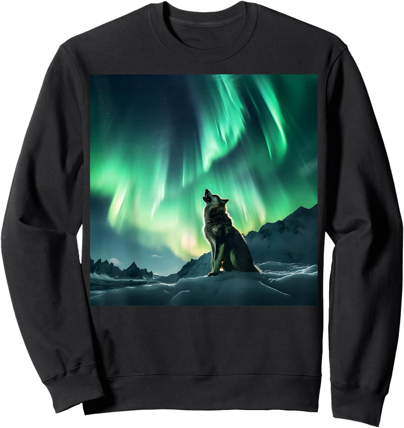 Alaska Aurora Borealis Howling Wolf Aesthetic Photo Souvenir Sweatshirt - Sweatshirt | Black