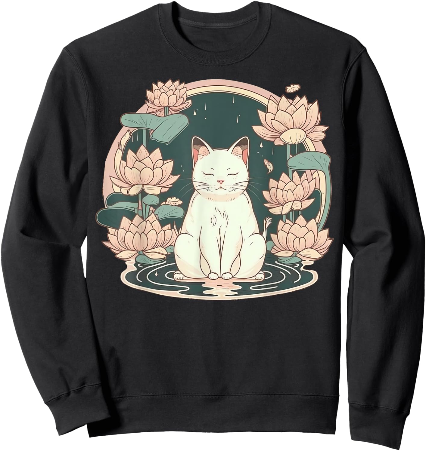 Yoga Meditation Spiritual Zen Lotus Cat on Lotus Flower Sweatshirt - Sweatshirt | Black