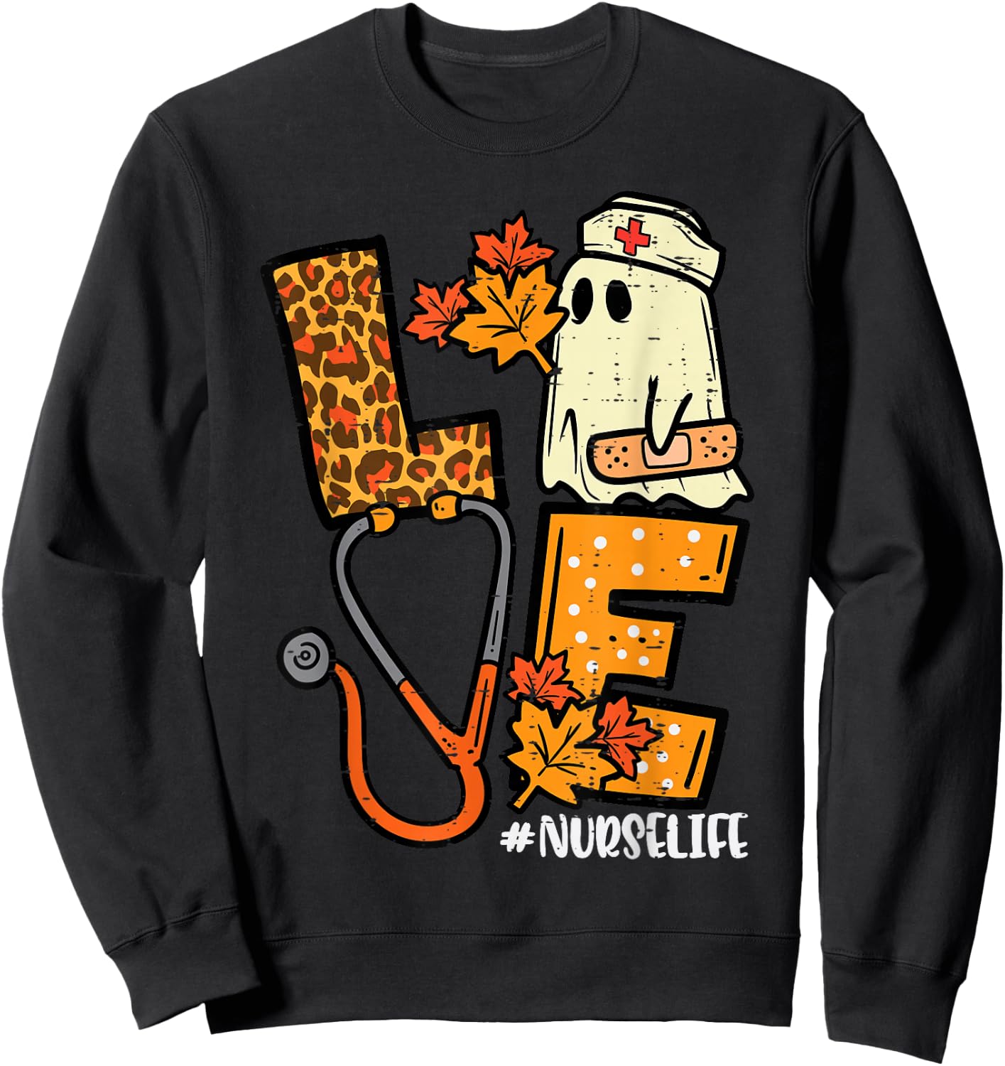Leopard Ghost Nurse Halloween Costume Fall Scrub Top Women Sweatshirt - Sweatshirt | Black