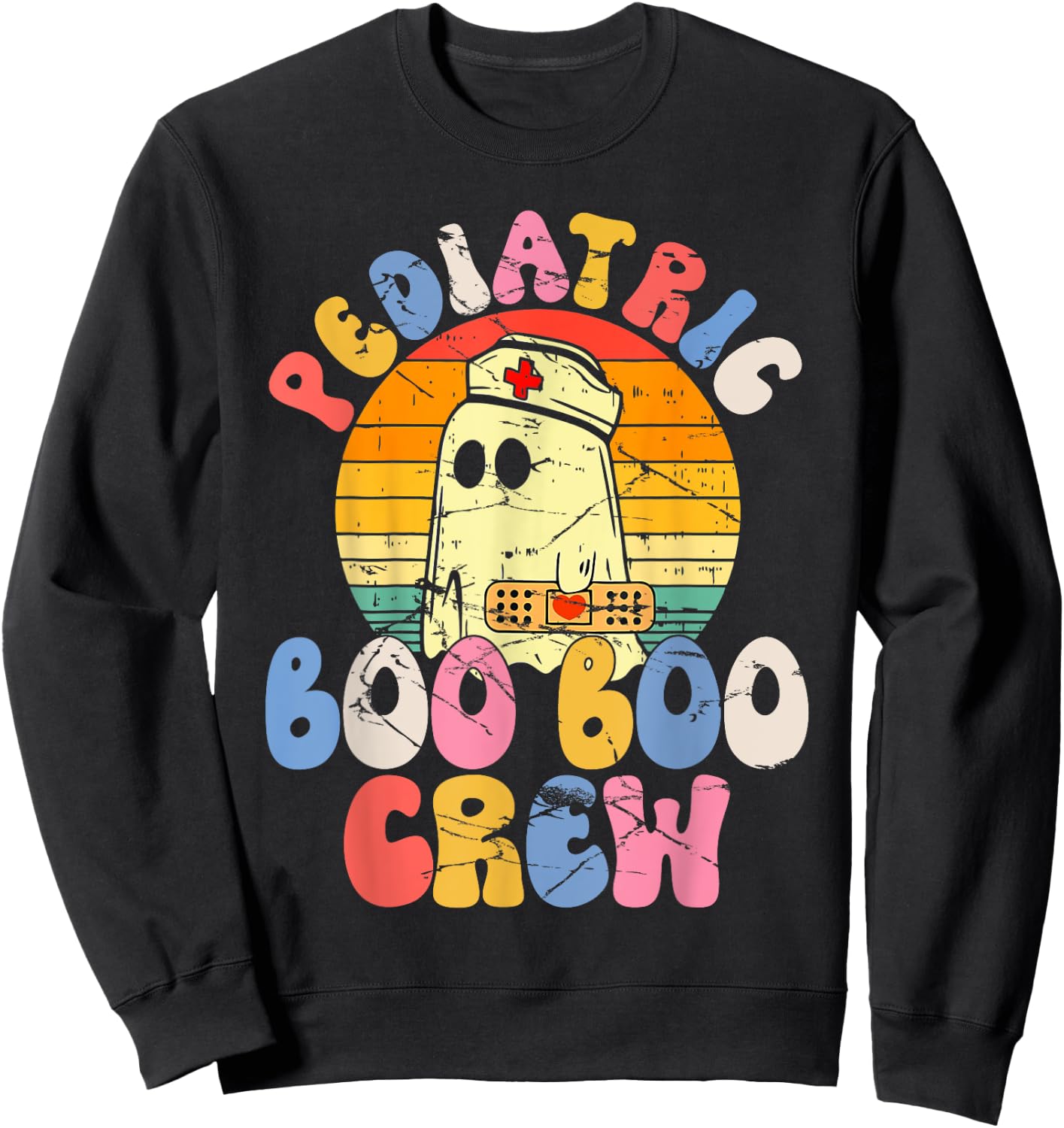 Groovy Ghost Halloween Pediatric RN Nurse Boo Boo Crew Sweatshirt - Sweatshirt | Black