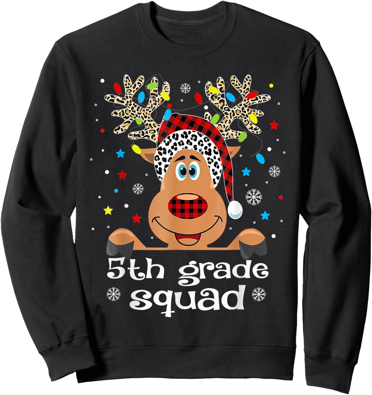 5th Grade Squad Plaid Reindeer Santa Hat Teacher Christmas Sweatshirt - Sweatshirt | Black