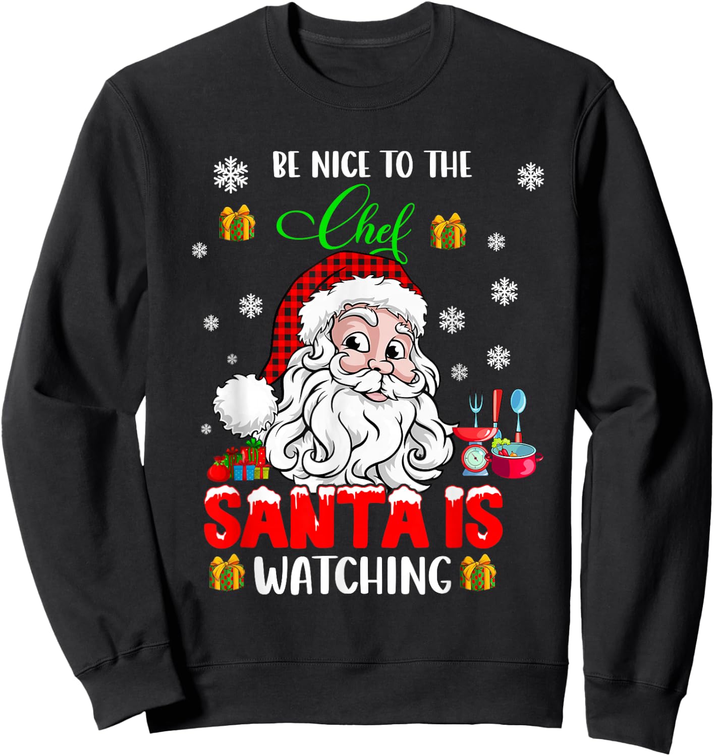 Be Nice to The Chef Santa is Watching Xmas Santa Face Chef Sweatshirt - Sweatshirt | Black