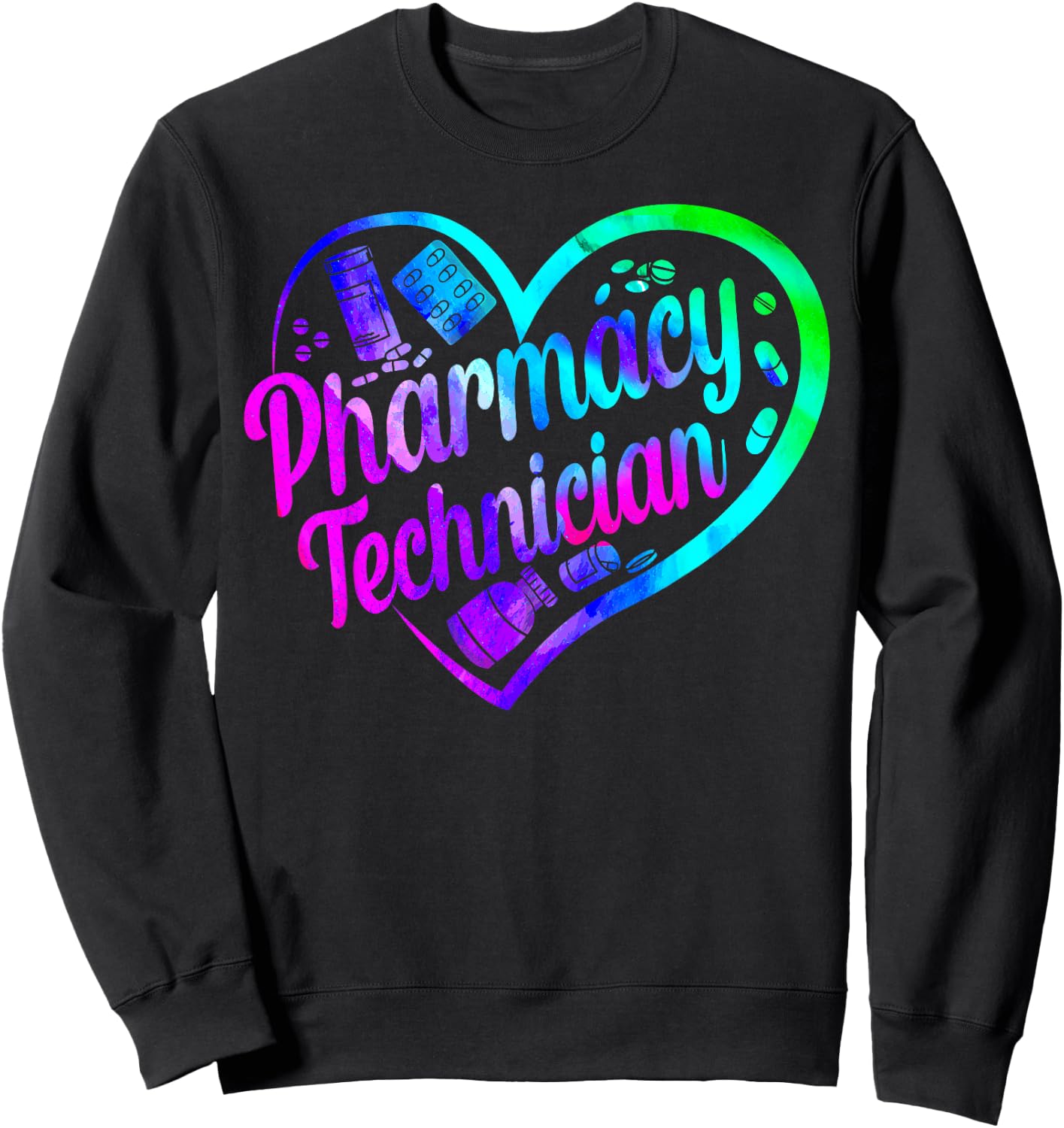 Pharmacy Tech Technician Pharmacist Student Heart Watercolor Sweatshirt - Sweatshirt | Black