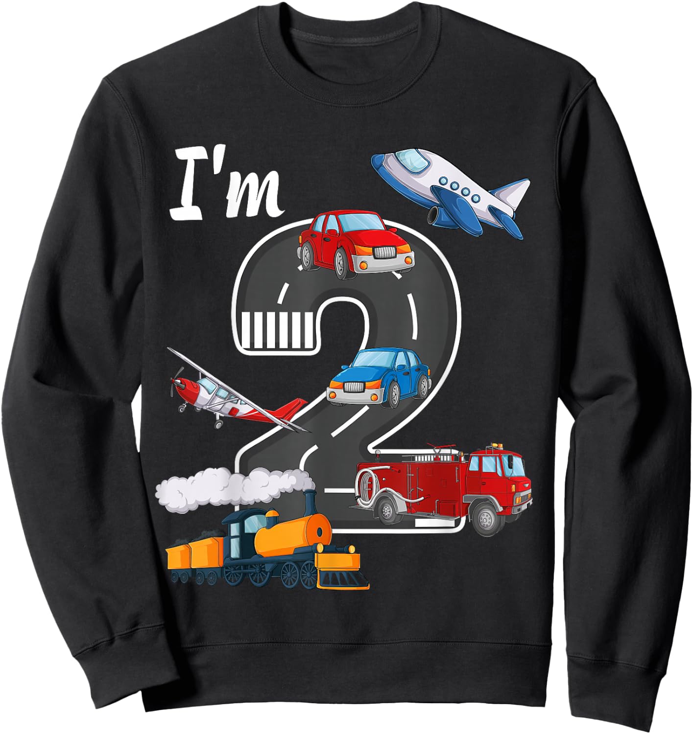 Trains Car Fire Truck Airplane 2nd Birthday Boy 2 Year Old Sweatshirt - Sweatshirt | Black