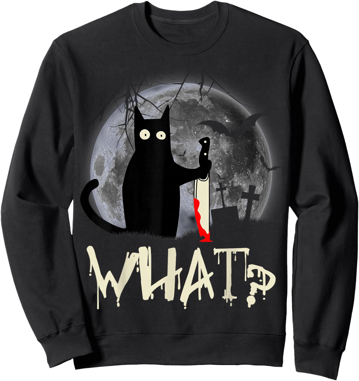 Funny Cat What? Murderous Black Cat With Knife Halloween Sweatshirt - Sweatshirt | Black