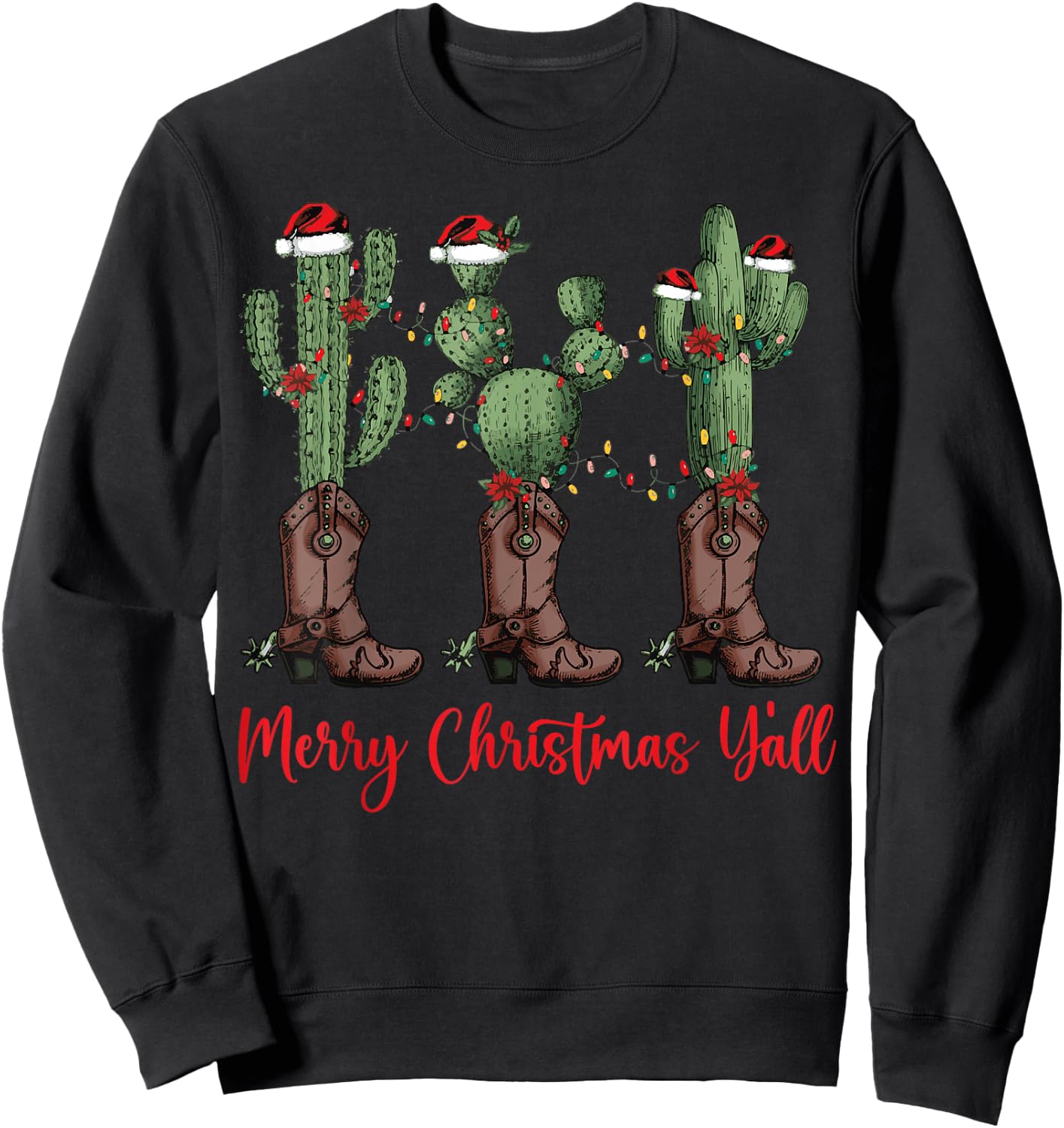 Merry Christmas Y'all Western Country Cowboy Boots Holiday Sweatshirt - Sweatshirt | Black
